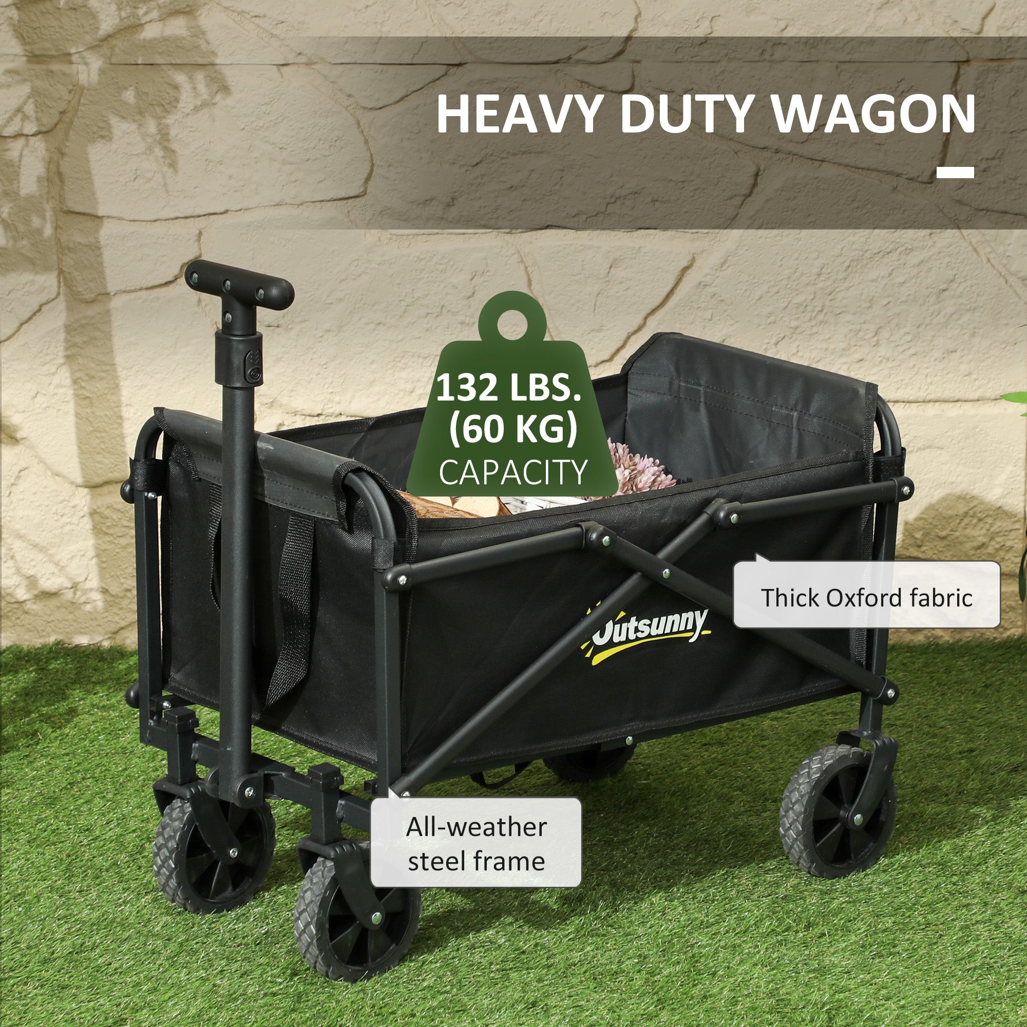 Outsunny Small Collapsible Folding Wagon Cart, Heavy Duty Outdoor Utility Garden Cart with Universal Wheels and Adjustable Handle for Sports, Camping, Shopping, Black