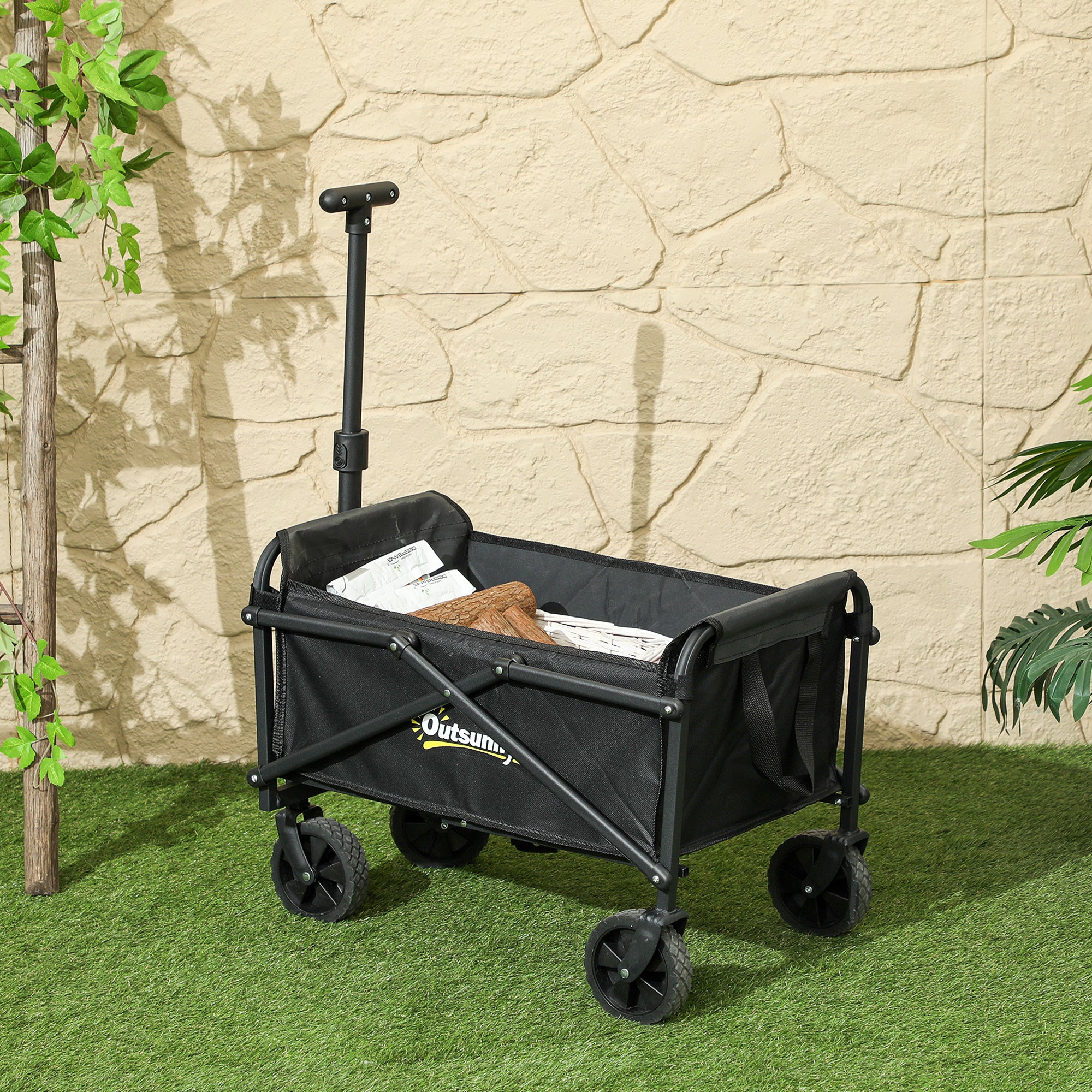 Outsunny Small Collapsible Folding Wagon Cart, Heavy Duty Outdoor Utility Garden Cart with Universal Wheels and Adjustable Handle for Sports, Camping, Shopping, Black