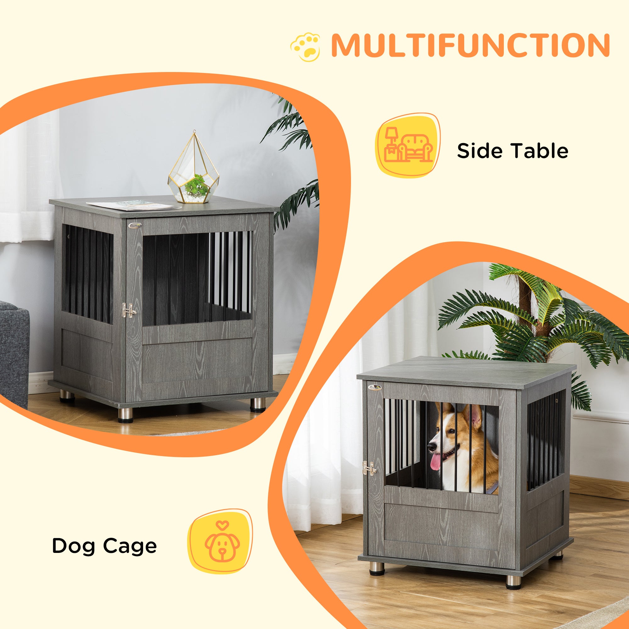 PawHut Dog Crate Furniture End Table, Pet Kennel for Small Dogs with Magnetic Door Indoor Animal Cage, Grey, 60 x 55 x 70 cm