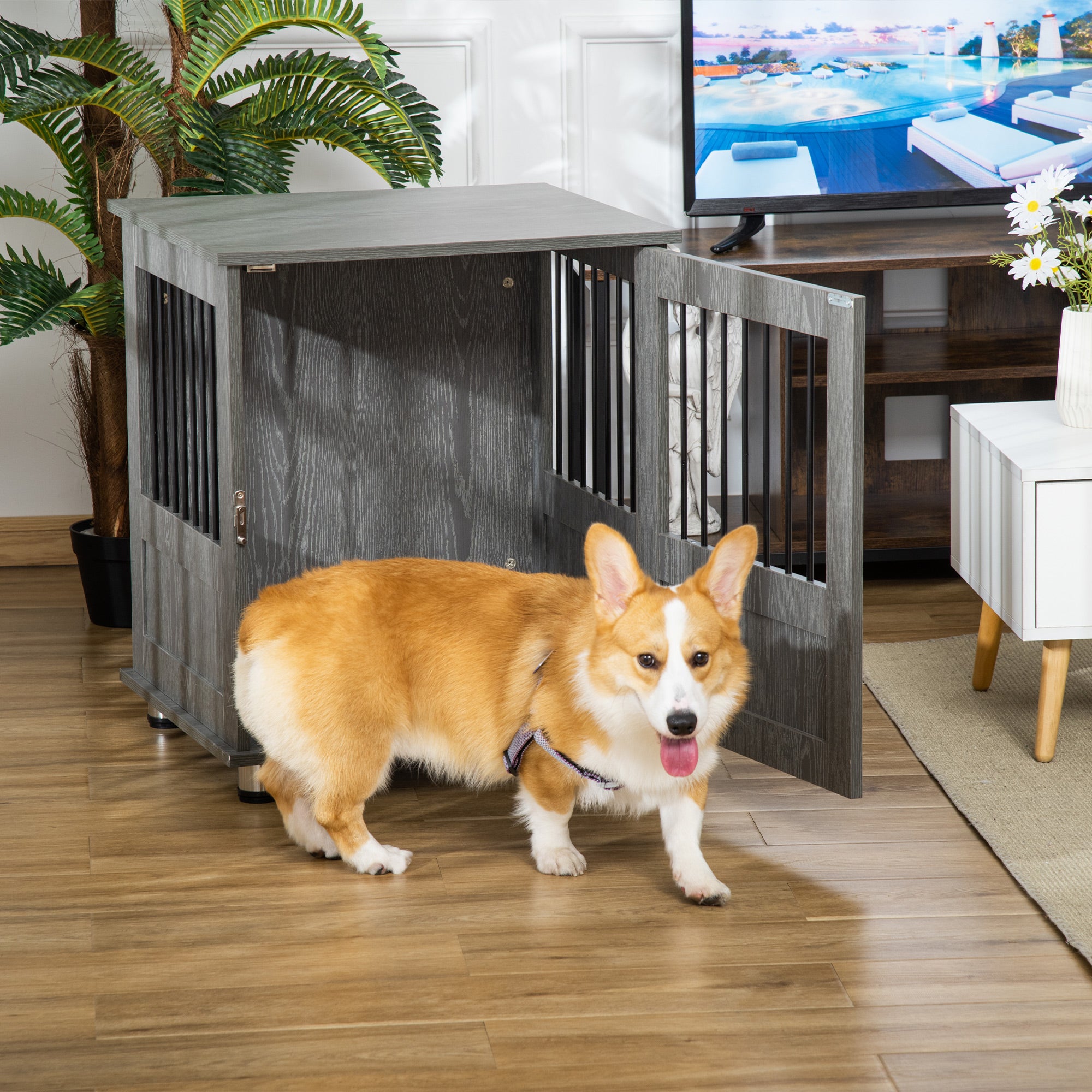 PawHut Dog Crate Furniture End Table, Pet Kennel for Small Dogs with Magnetic Door Indoor Animal Cage, Grey, 60 x 55 x 70 cm