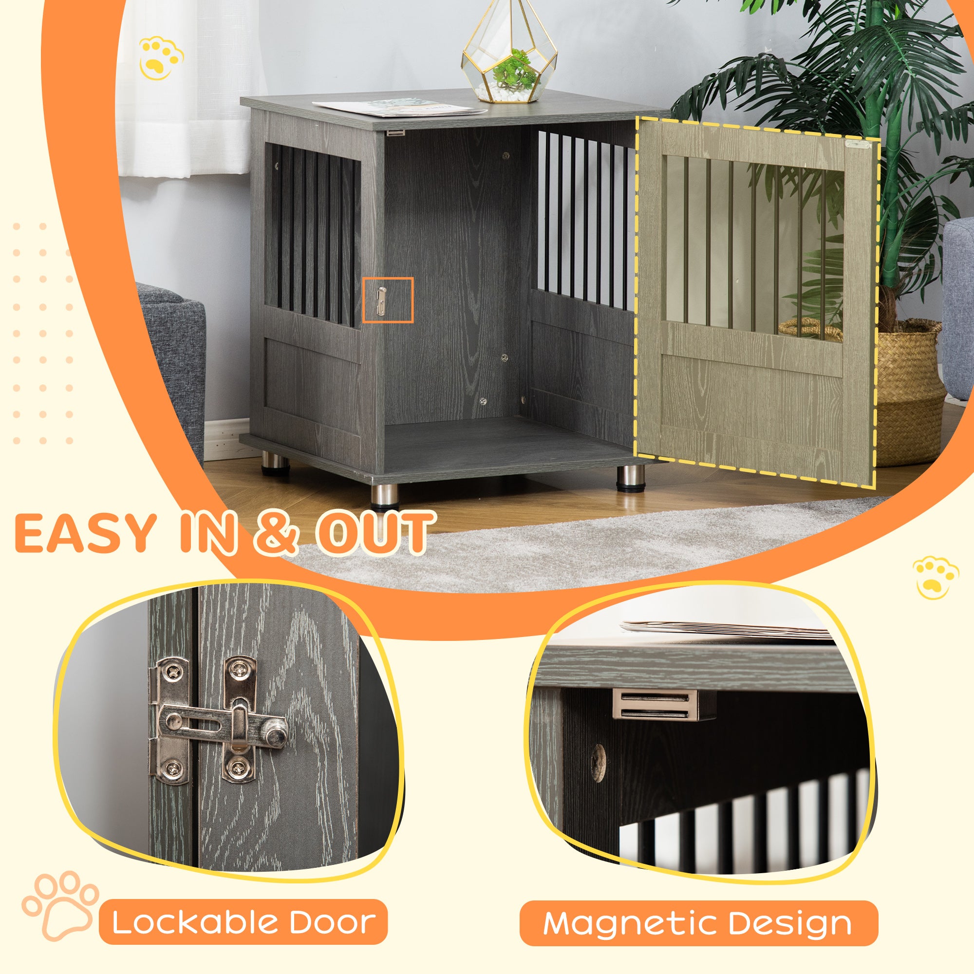 PawHut Dog Crate Furniture End Table, Pet Kennel for Small Dogs with Magnetic Door Indoor Animal Cage, Grey, 60 x 55 x 70 cm