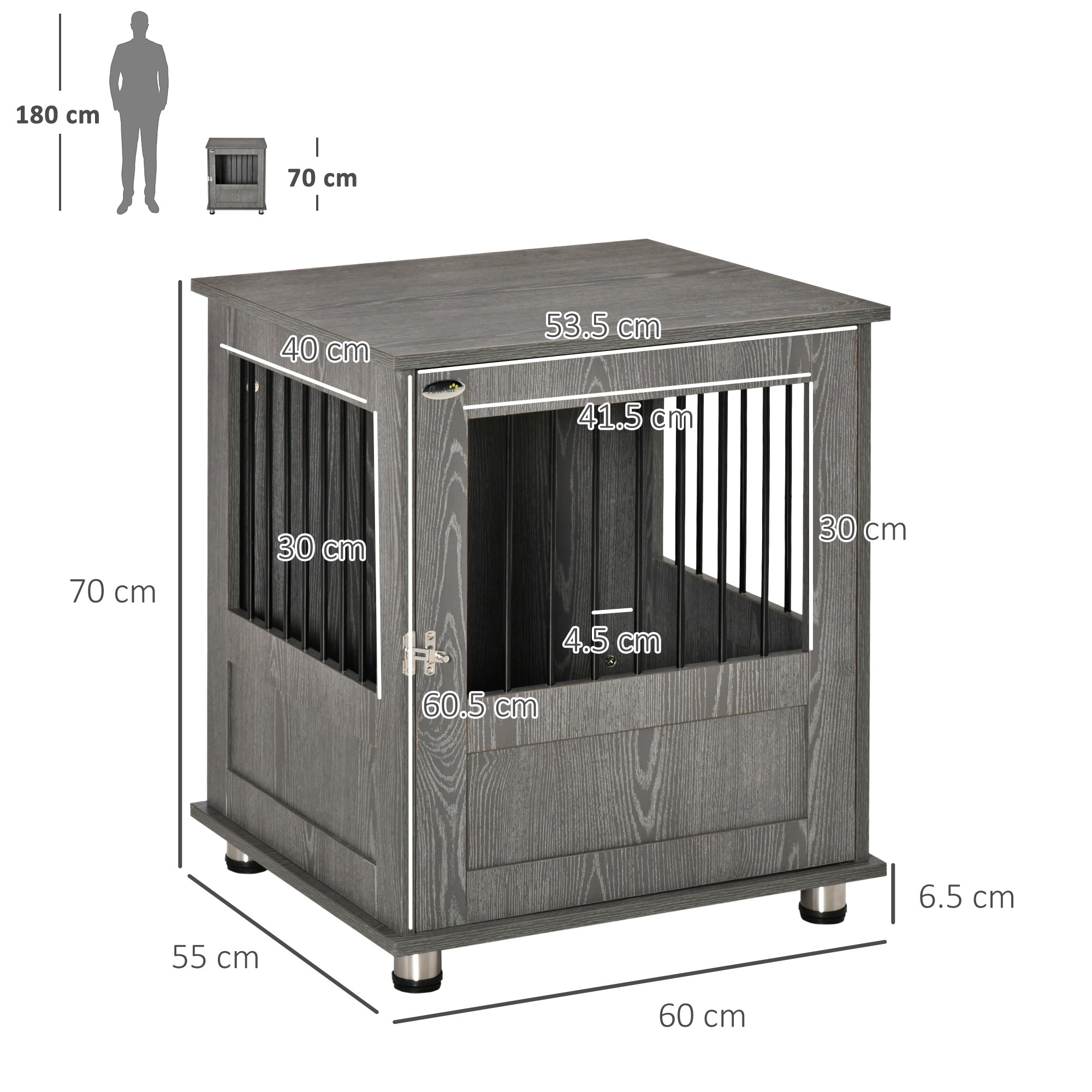 PawHut Dog Crate Furniture End Table, Pet Kennel for Small Dogs with Magnetic Door Indoor Animal Cage, Grey, 60 x 55 x 70 cm