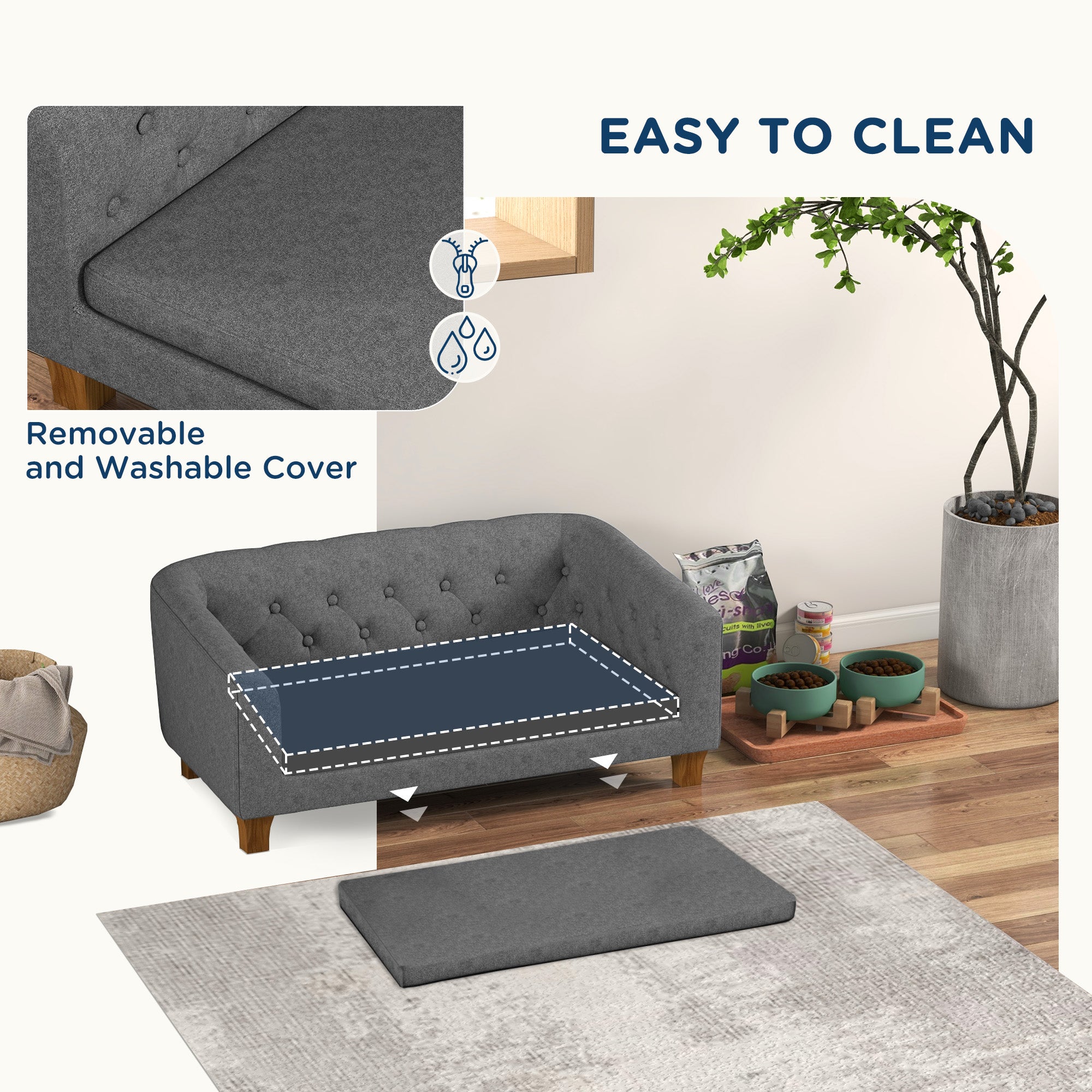PawHut Raised Dog Sofa, Elevated Pet Couch for Small and Medium Dogs, with Removable Soft Cushion, Anti-Slip Pads, Simple Installation, Gray