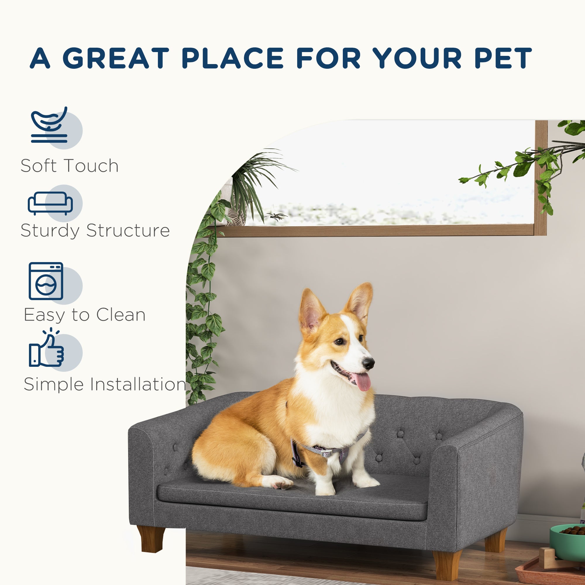 PawHut Raised Dog Sofa, Elevated Pet Couch for Small and Medium Dogs, with Removable Soft Cushion, Anti-Slip Pads, Simple Installation, Gray