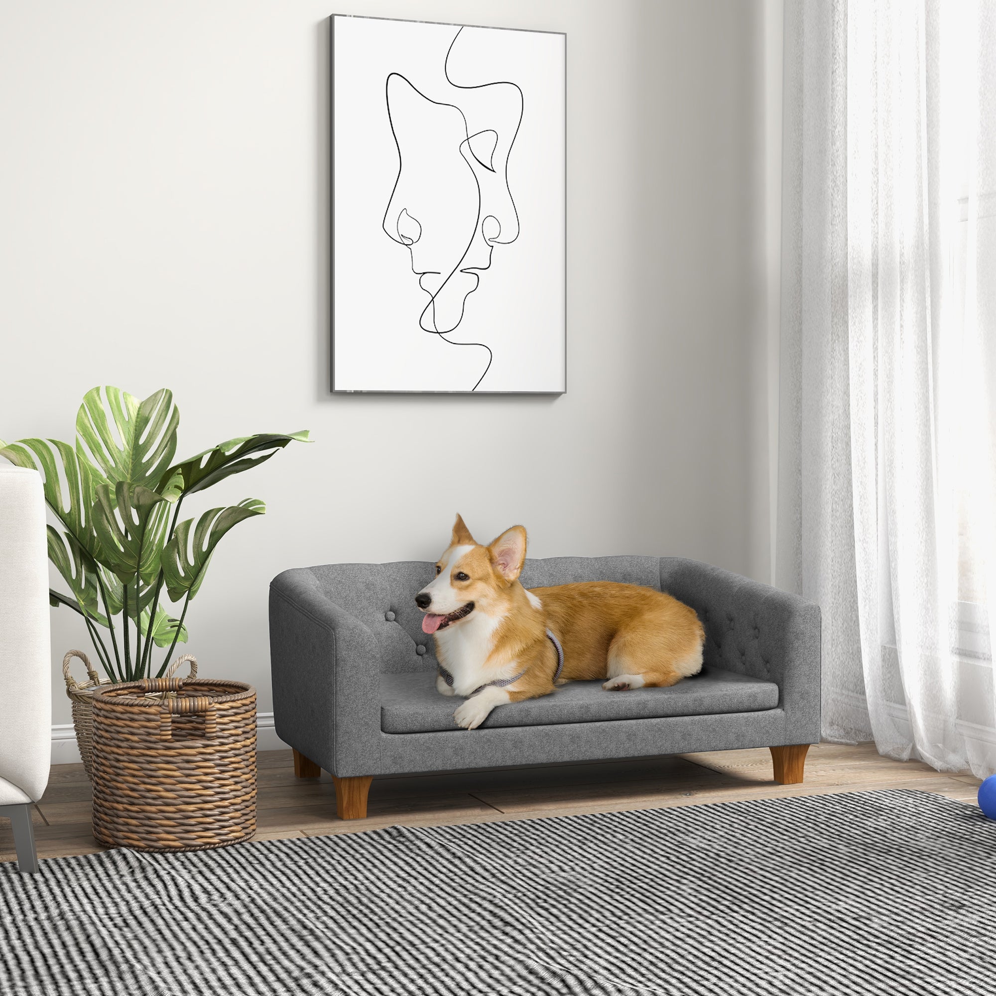 PawHut Raised Dog Sofa, Elevated Pet Couch for Small and Medium Dogs, with Removable Soft Cushion, Anti-Slip Pads, Simple Installation, Gray