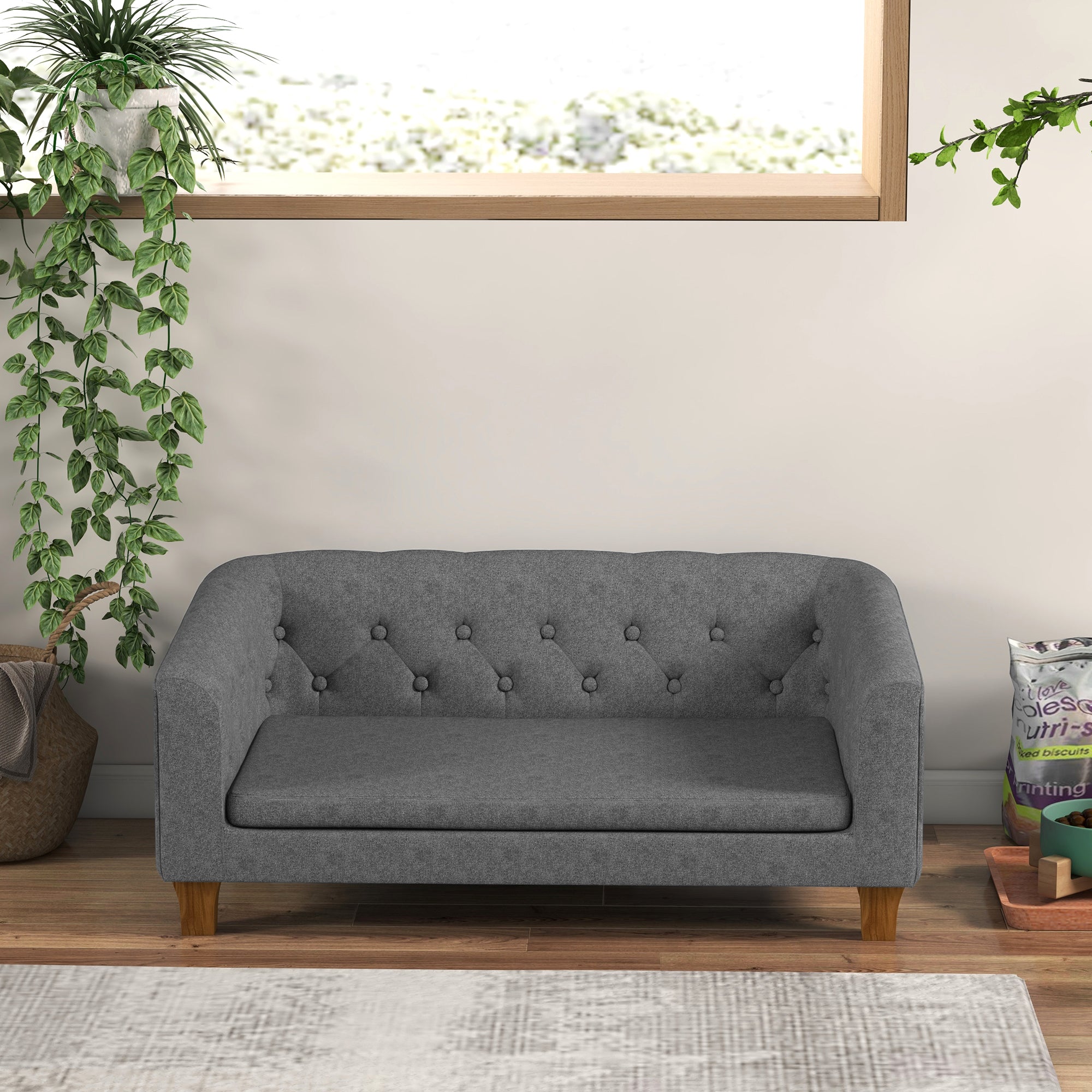 PawHut Raised Dog Sofa, Elevated Pet Couch for Small and Medium Dogs, with Removable Soft Cushion, Anti-Slip Pads, Simple Installation, Gray
