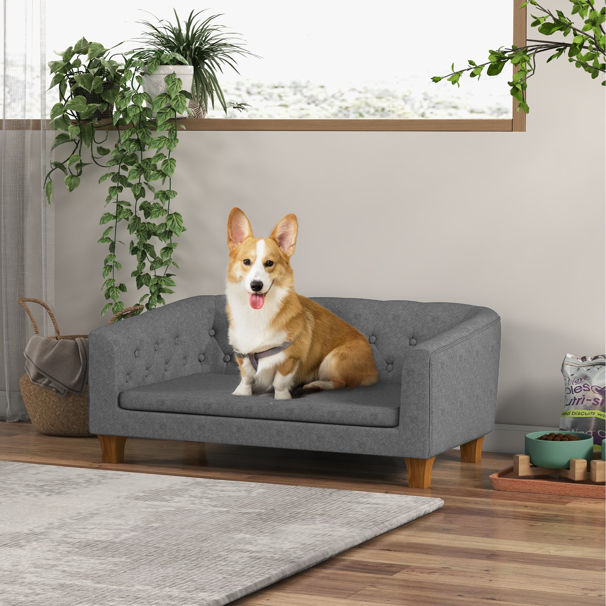 PawHut Raised Dog Sofa, Elevated Pet Couch for Small and Medium Dogs, with Removable Soft Cushion, Anti-Slip Pads, Simple Installation, Gray