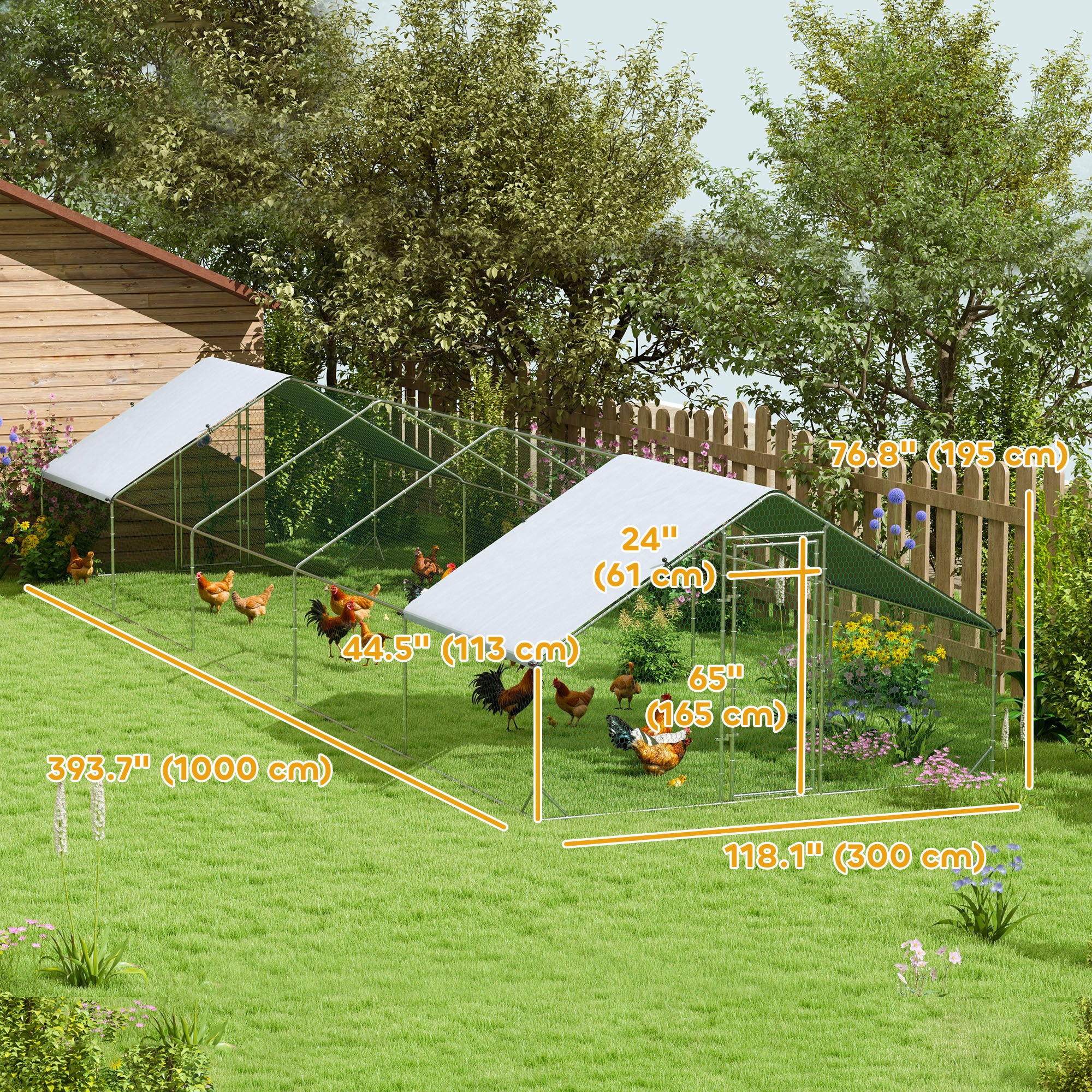 PawHut Metal Chicken Coop, Walk-in Large Chicken Run, Poultry Cage for Backyard Hen, Duck, Rabbit with Water- and UV-Protection Cover, for 30-40 Chickens, 9.8' x 32.8' x 6.4'