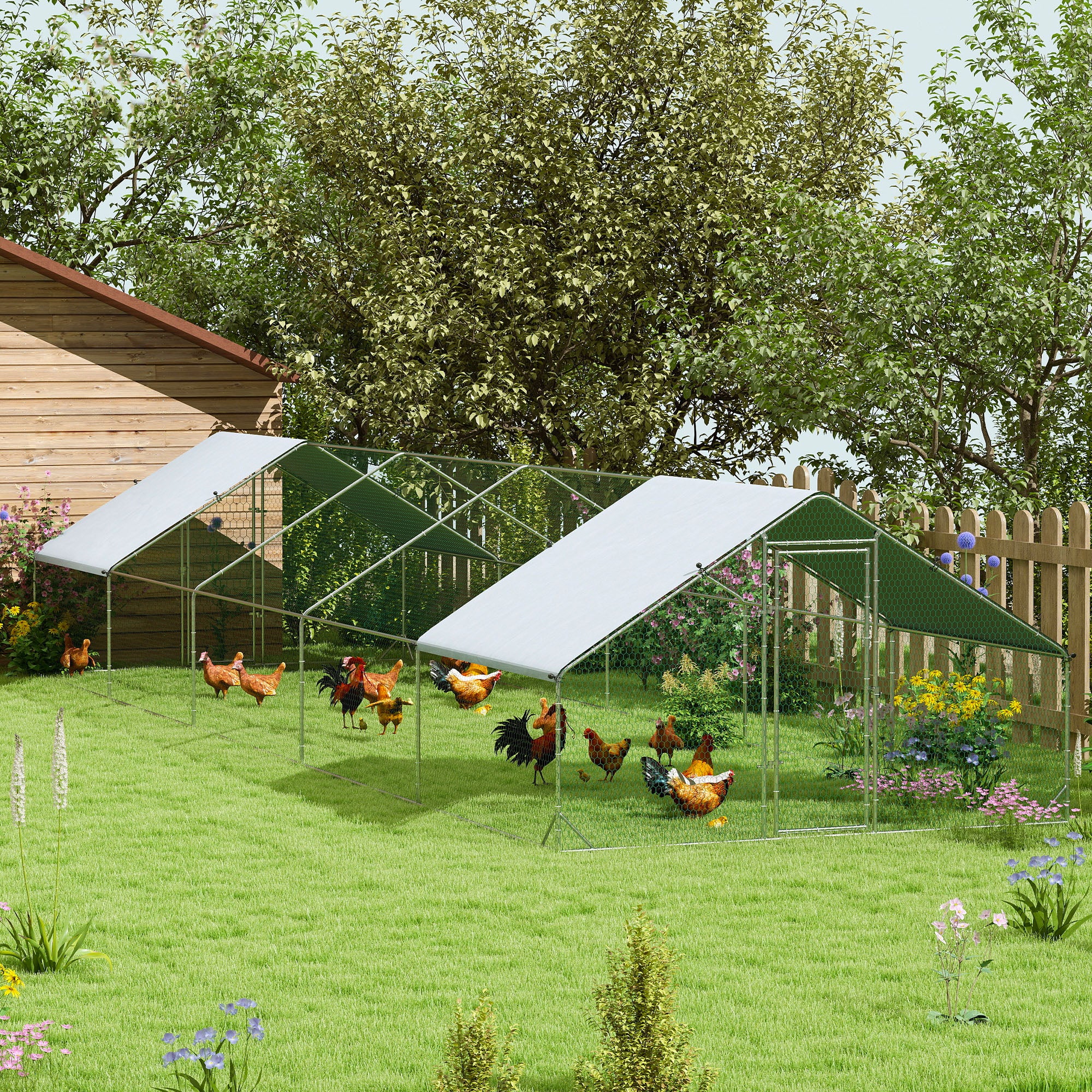 PawHut Metal Chicken Coop, Walk-in Large Chicken Run, Poultry Cage for Backyard Hen, Duck, Rabbit with Water- and UV-Protection Cover, for 30-40 Chickens, 9.8' x 32.8' x 6.4'