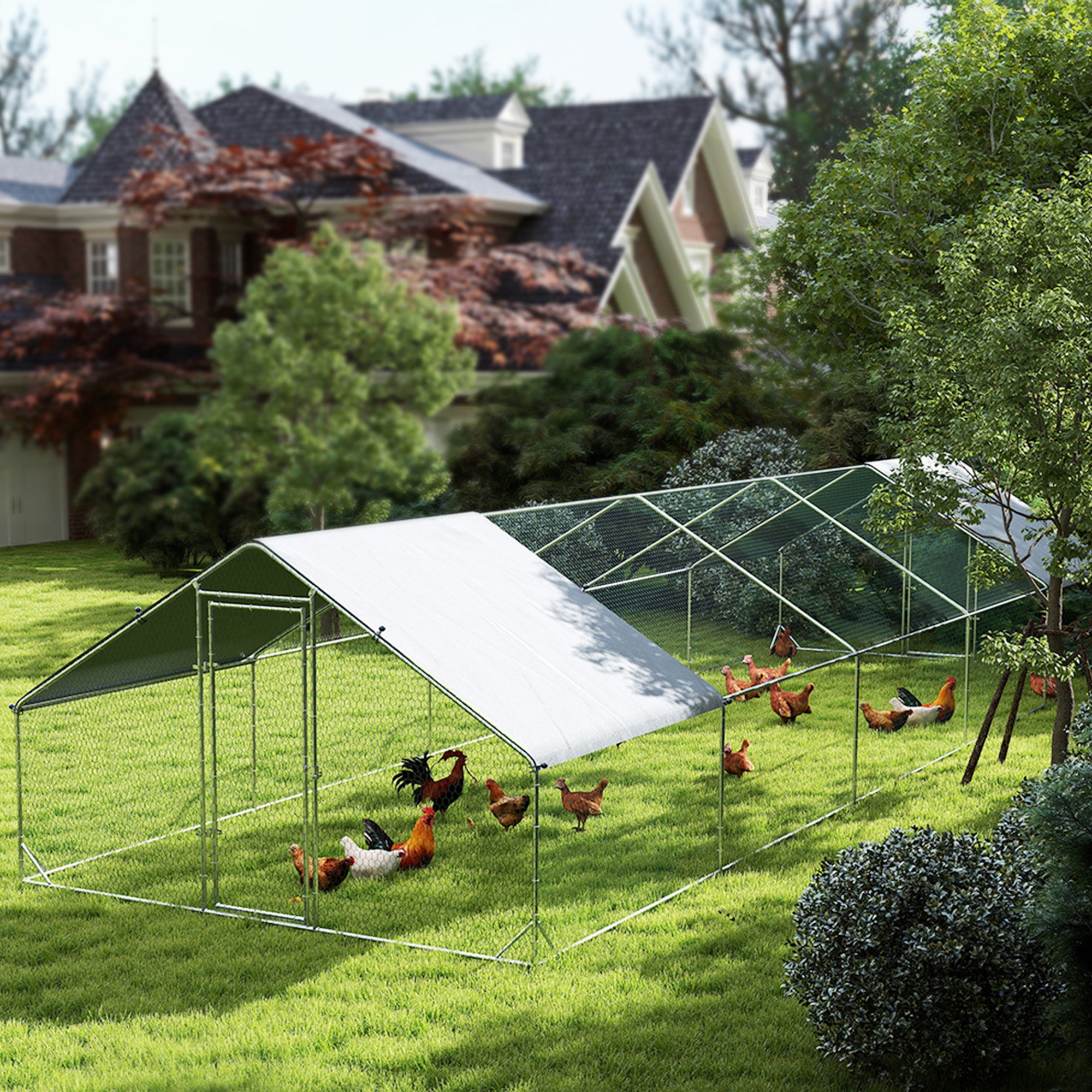 PawHut Metal Chicken Coop, Walk-in Large Chicken Run, Poultry Cage for Backyard Hen, Duck, Rabbit with Water- and UV-Protection Cover, for 30-40 Chickens, 9.8' x 32.8' x 6.4'