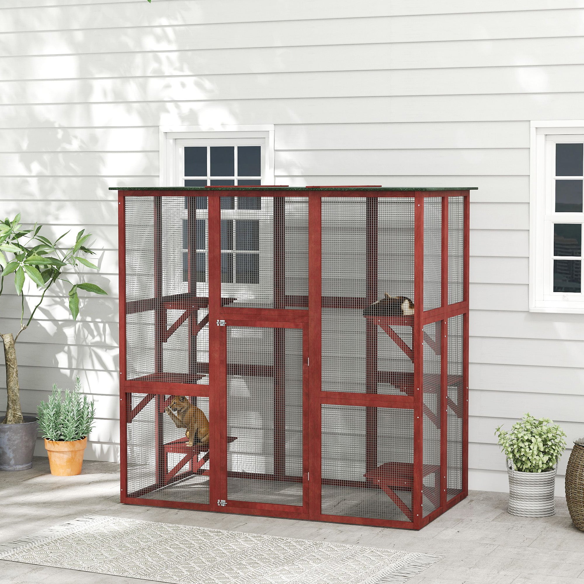 PawHut Large Outdoor Catio Enclosure, Weatherproof Cat House with Asphalt Roof,  Wooden Cat Patio Cage with 6 Balanced Platforms, 71" x 39" x 71", Wine Red