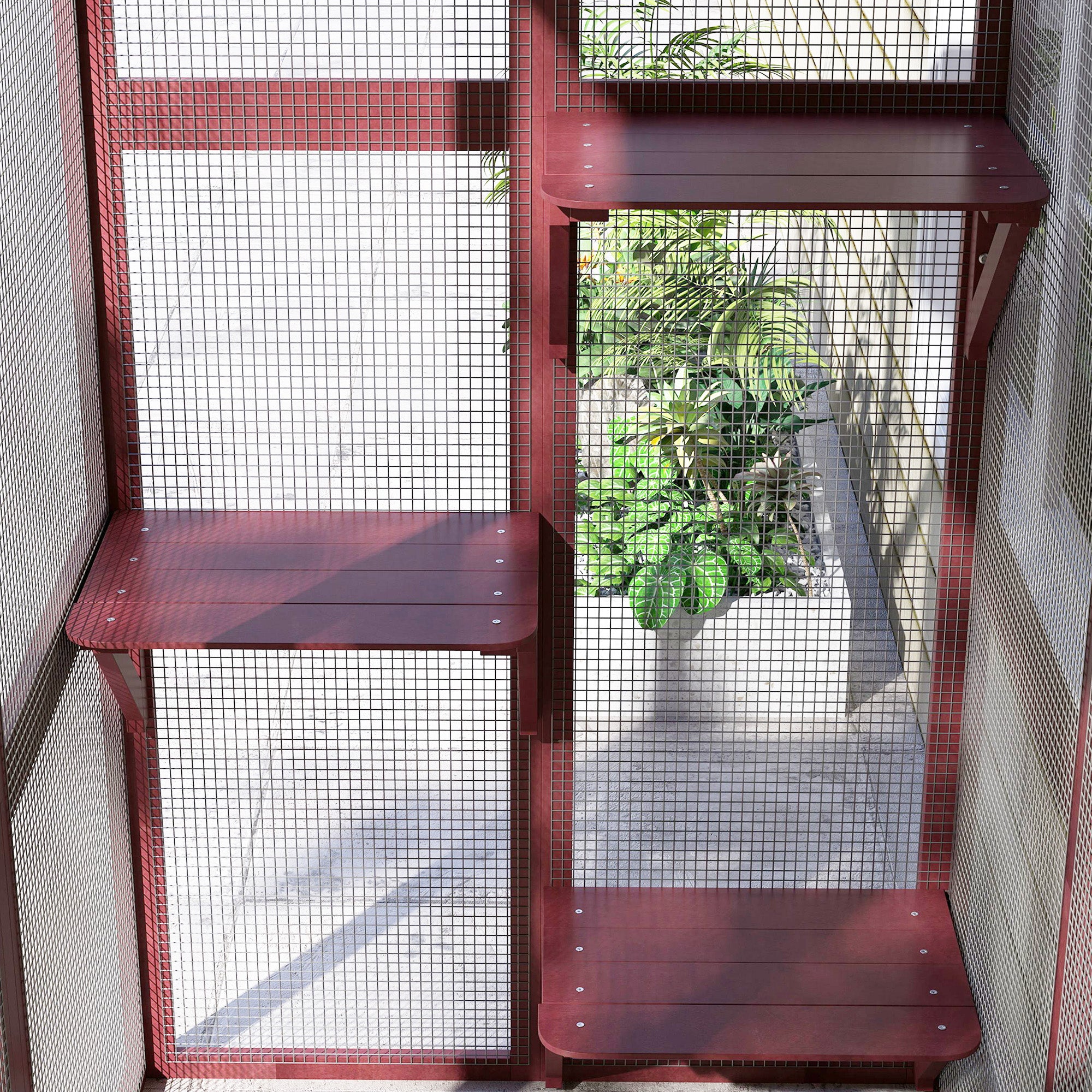PawHut Large Outdoor Catio Enclosure, Weatherproof Cat House with Asphalt Roof,  Wooden Cat Patio Cage with 6 Balanced Platforms, 71" x 39" x 71", Wine Red
