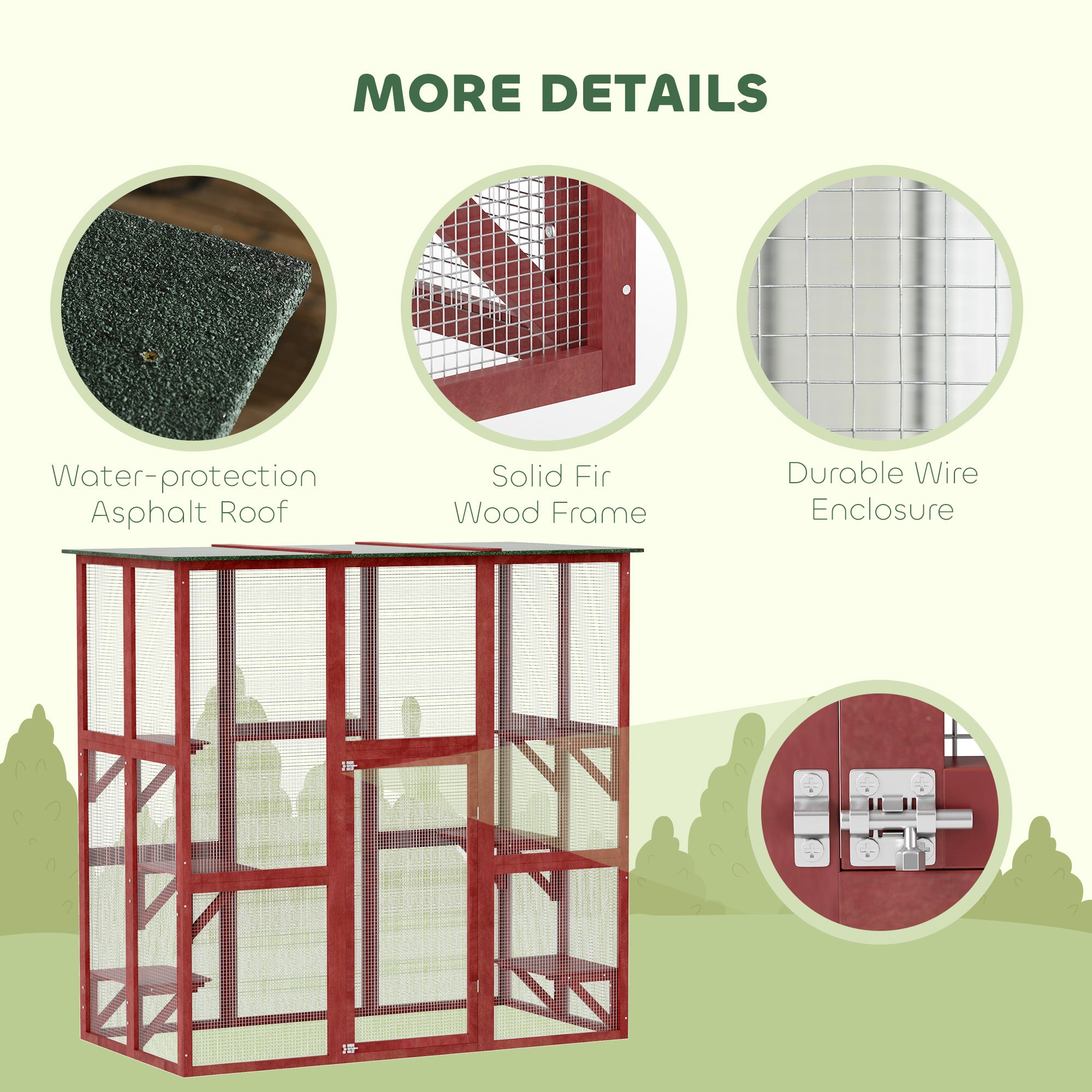 PawHut Large Outdoor Catio Enclosure, Weatherproof Cat House with Asphalt Roof,  Wooden Cat Patio Cage with 6 Balanced Platforms, 71" x 39" x 71", Wine Red