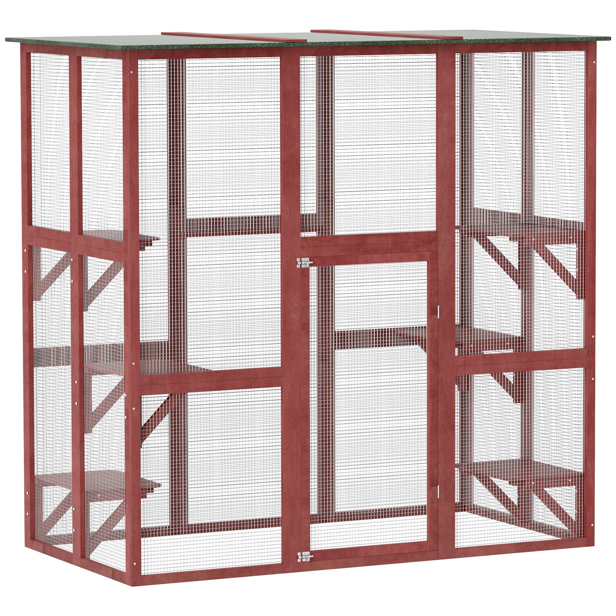 PawHut Large Outdoor Catio Enclosure, Weatherproof Cat House with Asphalt Roof,  Wooden Cat Patio Cage with 6 Balanced Platforms, 71" x 39" x 71", Wine Red