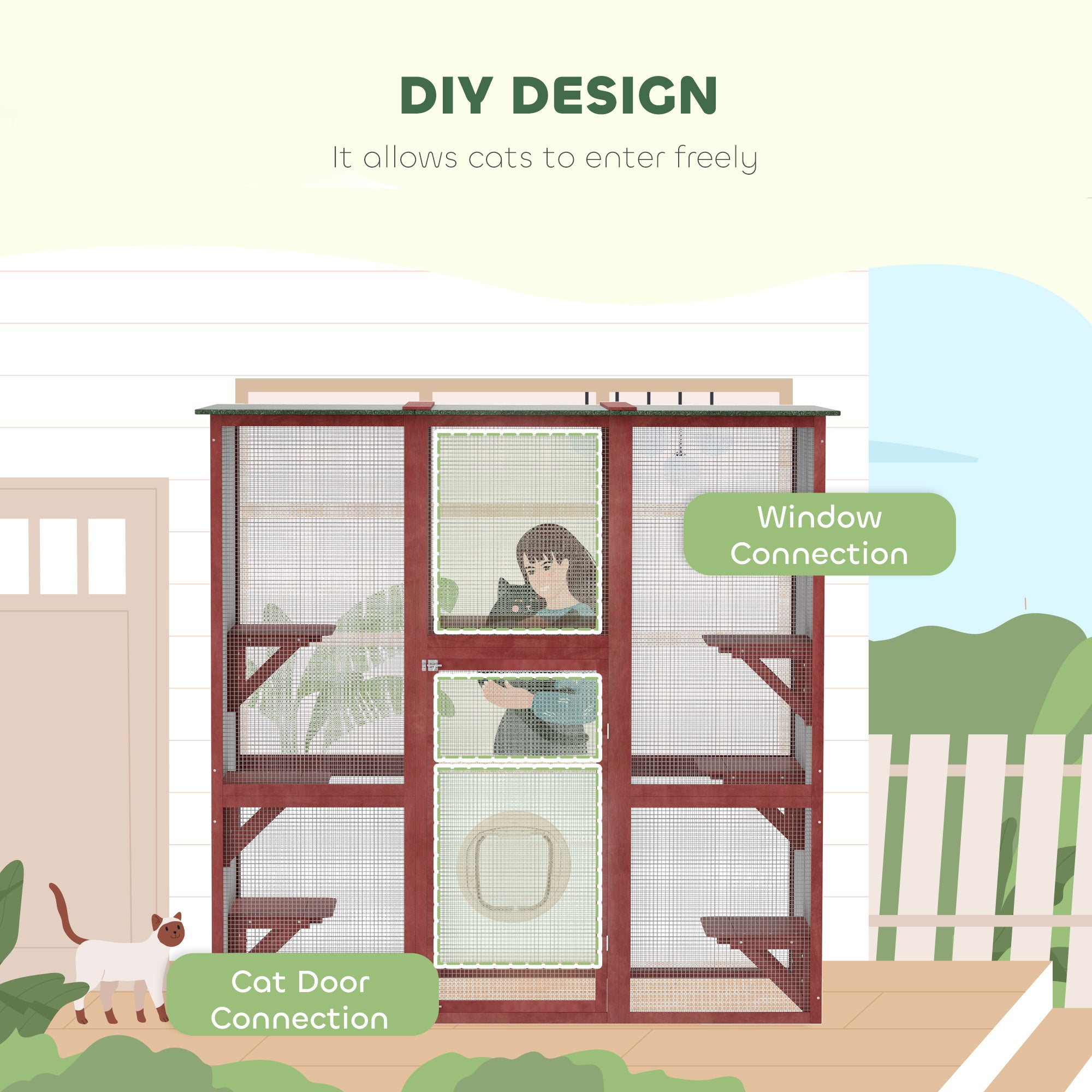 PawHut Large Outdoor Catio Enclosure, Weatherproof Cat House with Asphalt Roof,  Wooden Cat Patio Cage with 6 Balanced Platforms, 71" x 39" x 71", Wine Red