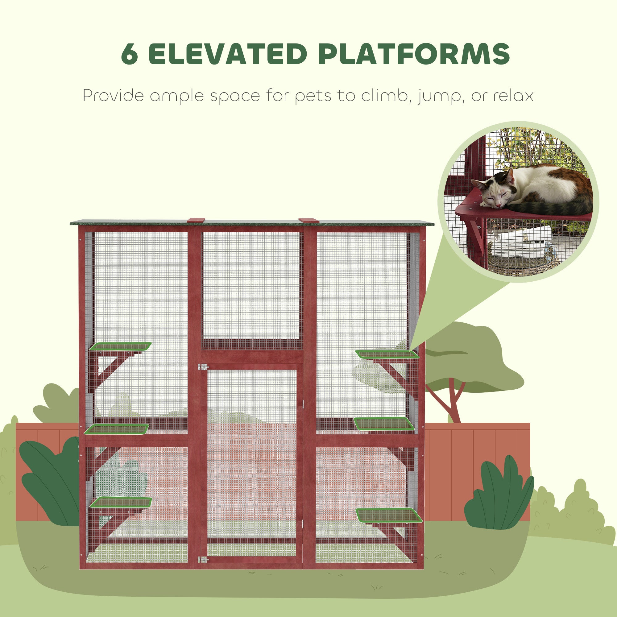 PawHut Large Outdoor Catio Enclosure, Weatherproof Cat House with Asphalt Roof,  Wooden Cat Patio Cage with 6 Balanced Platforms, 71" x 39" x 71", Wine Red