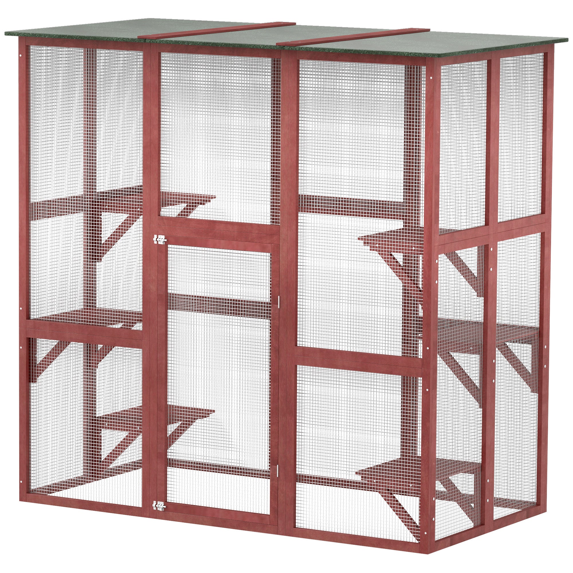 PawHut Large Outdoor Catio Enclosure, Weatherproof Cat House with Asphalt Roof,  Wooden Cat Patio Cage with 6 Balanced Platforms, 71" x 39" x 71", Wine Red