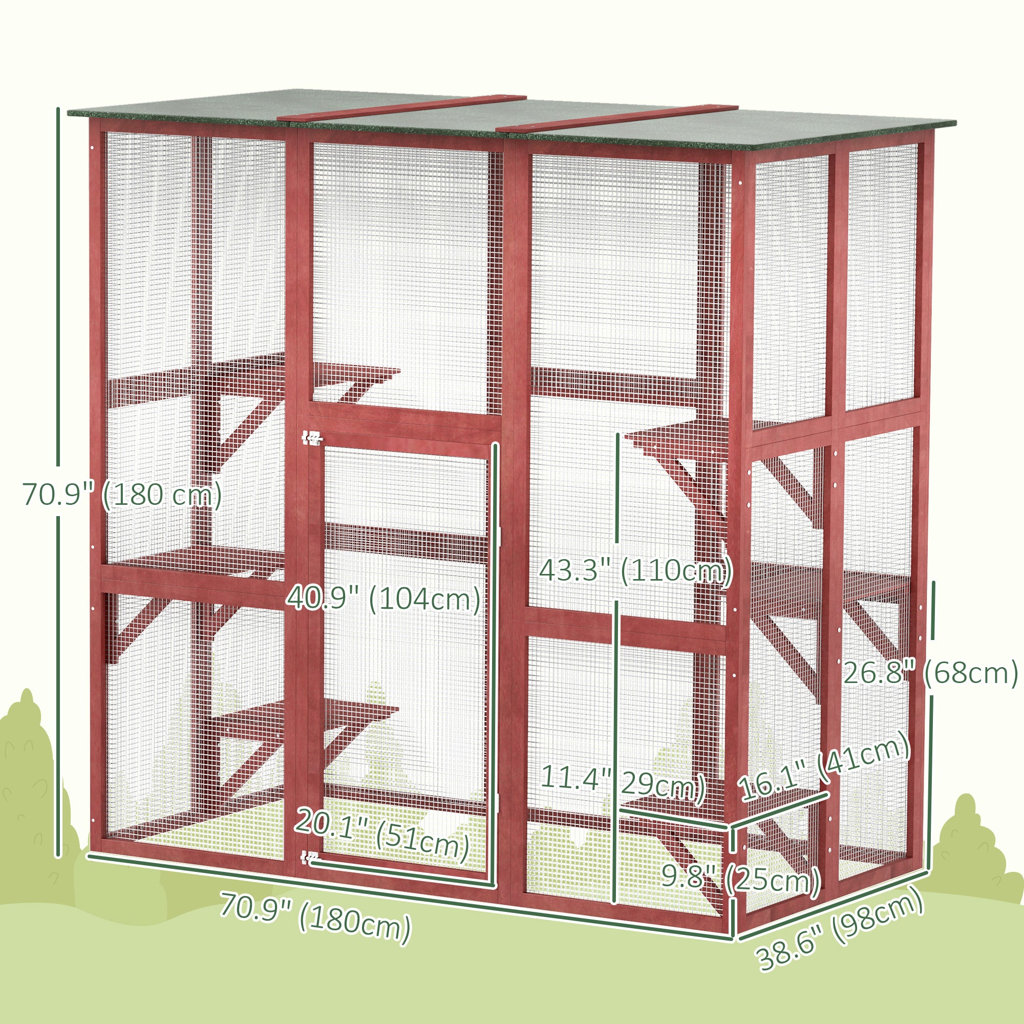 PawHut Large Outdoor Catio Enclosure, Weatherproof Cat House with Asphalt Roof,  Wooden Cat Patio Cage with 6 Balanced Platforms, 71" x 39" x 71", Wine Red