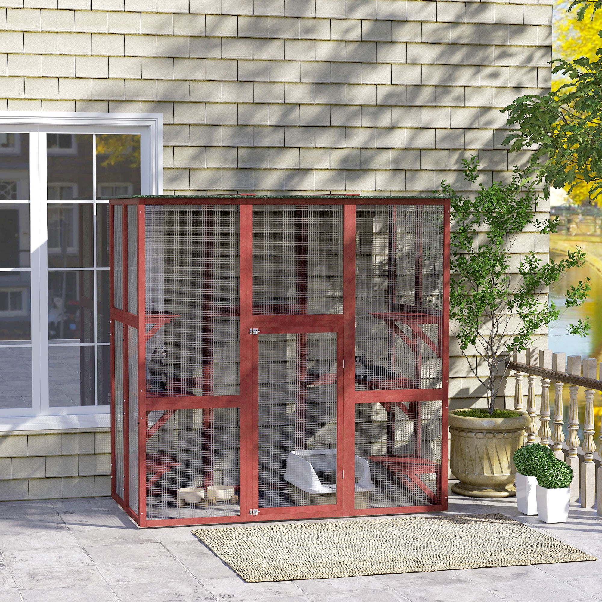 PawHut Large Outdoor Catio Enclosure, Weatherproof Cat House with Asphalt Roof,  Wooden Cat Patio Cage with 6 Balanced Platforms, 71