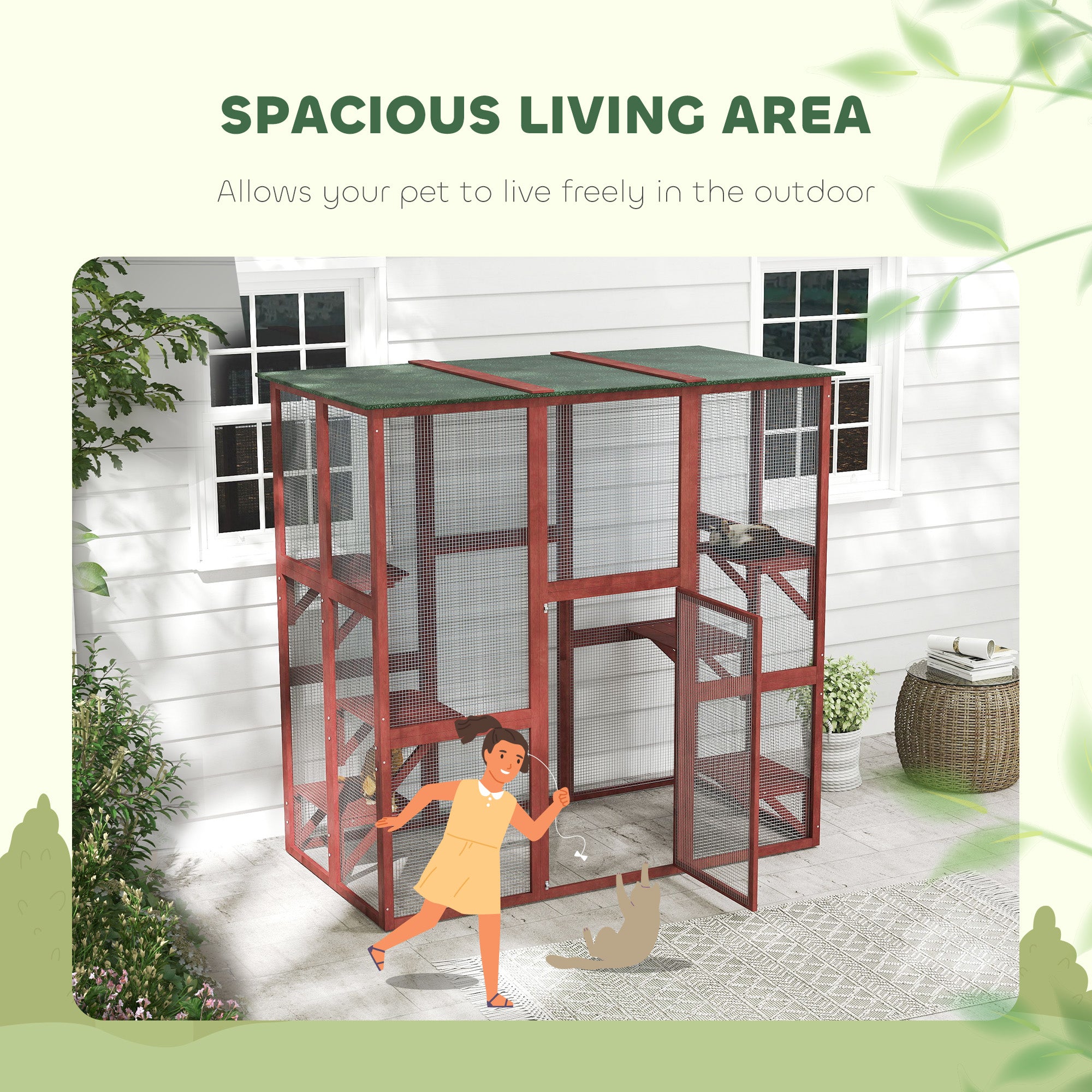 PawHut Large Outdoor Catio Enclosure, Weatherproof Cat House with Asphalt Roof,  Wooden Cat Patio Cage with 6 Balanced Platforms, 71" x 39" x 71", Wine Red