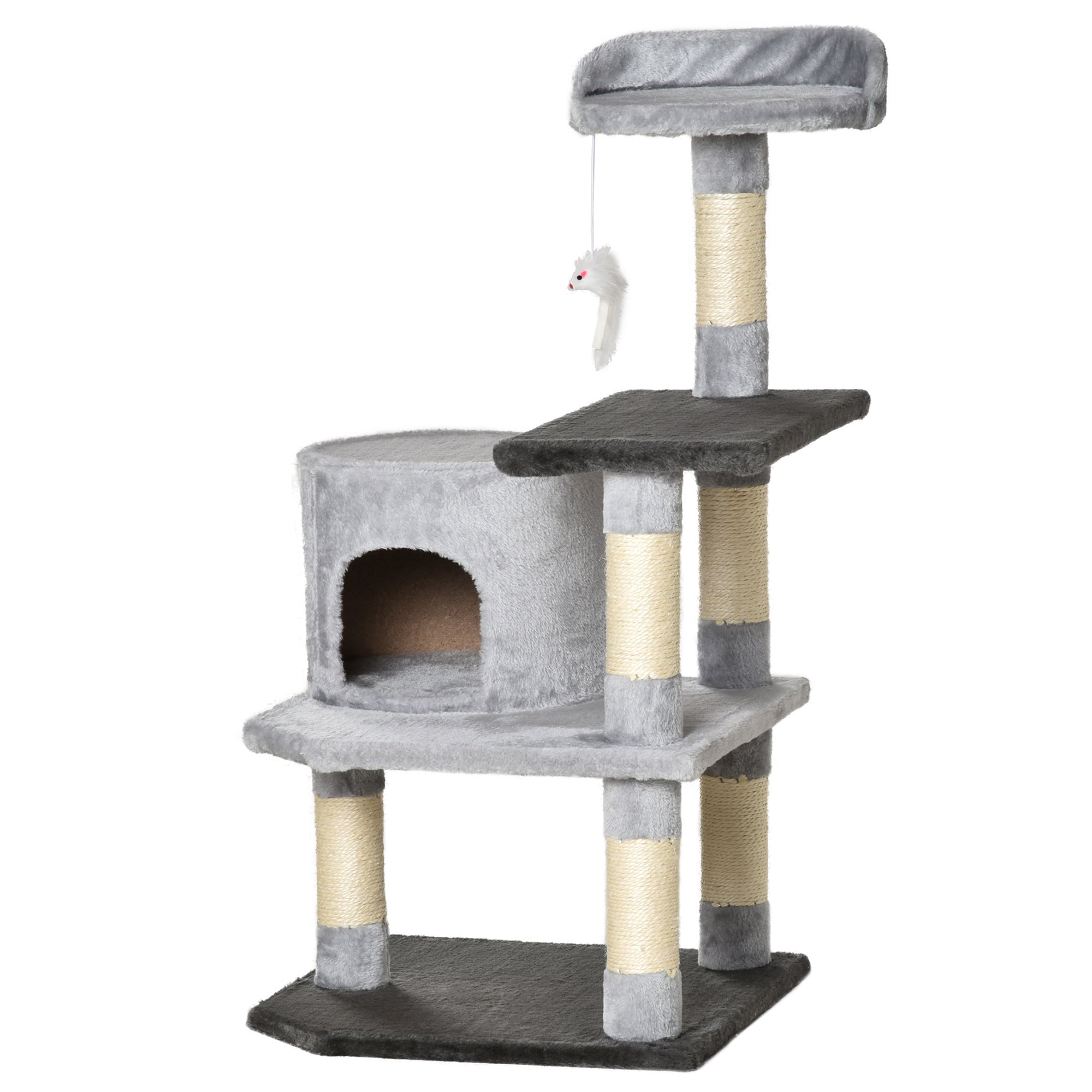 PawHut 39" Cat Scratching Tree Kitten Condo Playhouse Kitty Activity Center Rest Post Top Perch with Hanging Toy Grey