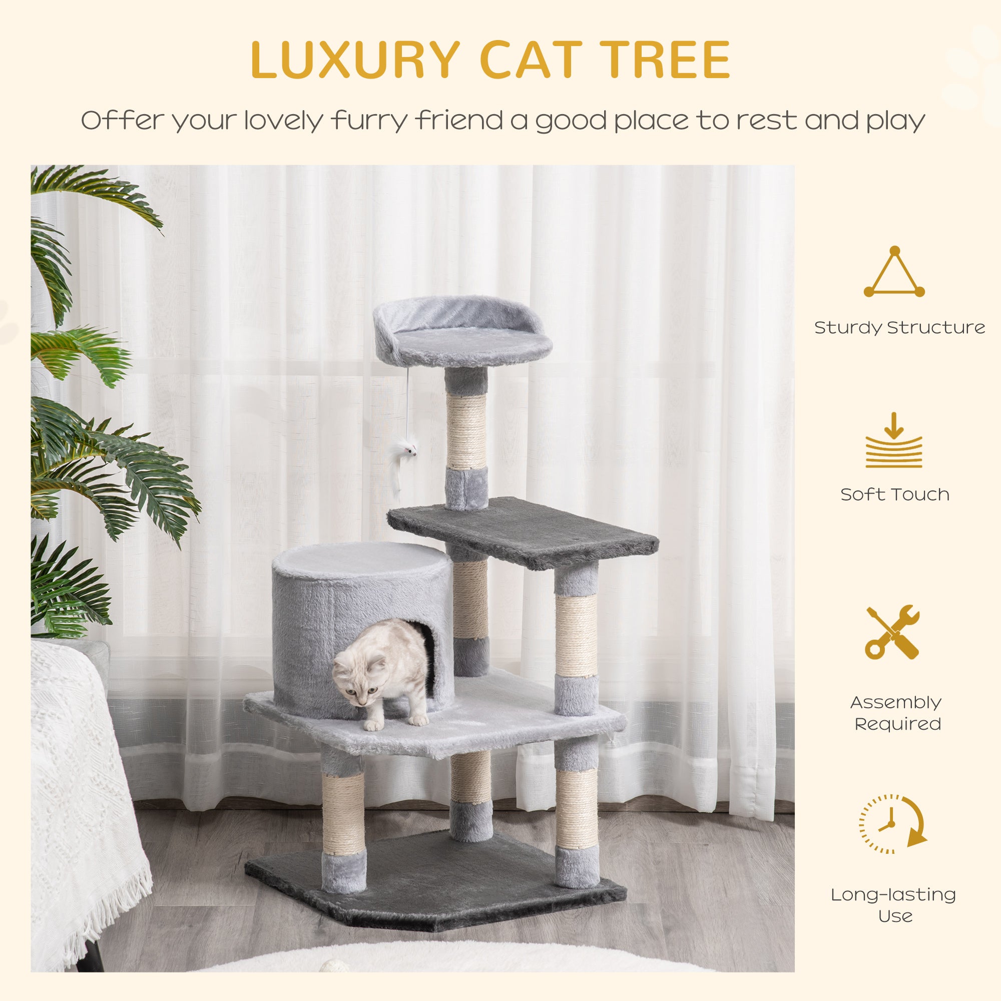 PawHut 39" Cat Scratching Tree Kitten Condo Playhouse Kitty Activity Center Rest Post Top Perch with Hanging Toy Grey