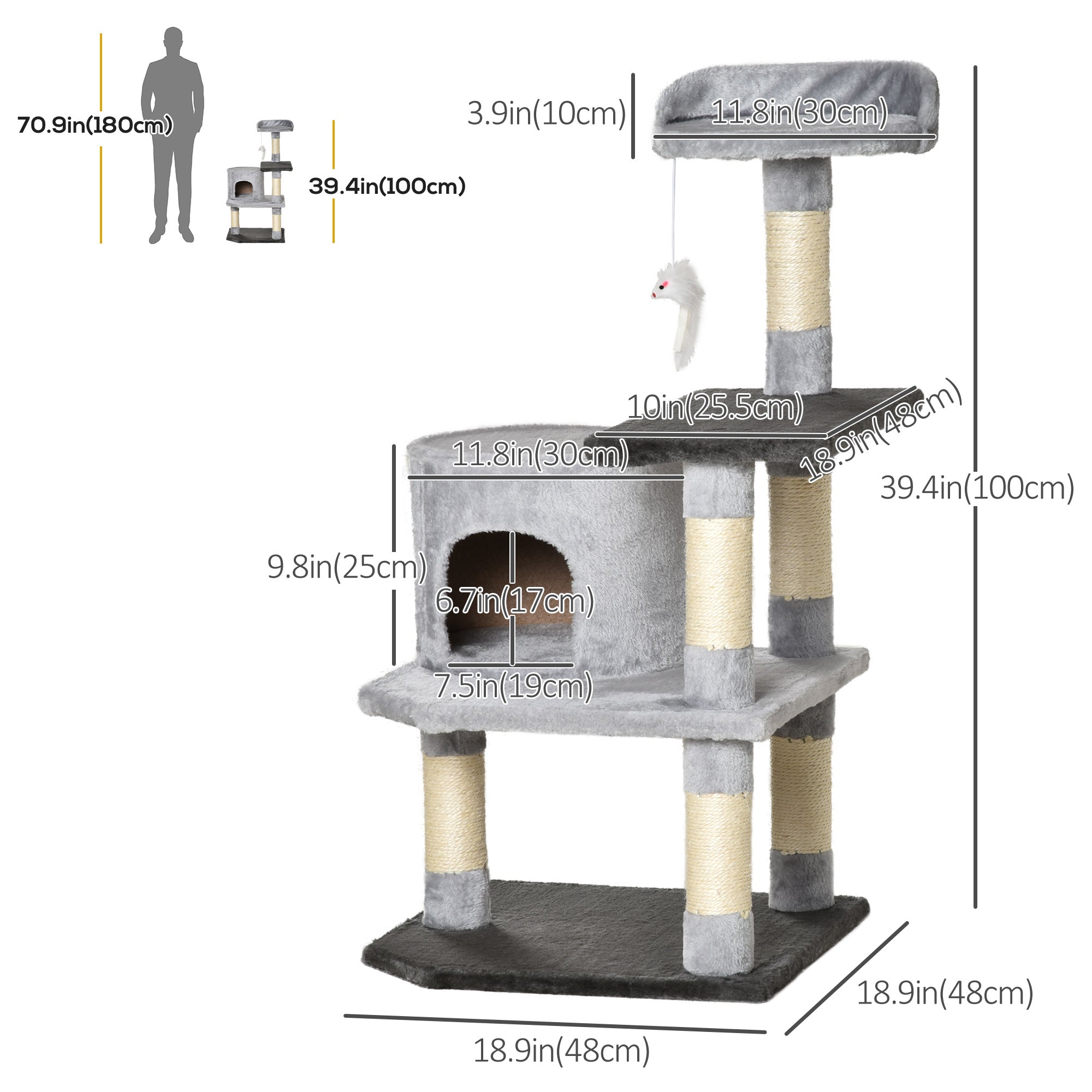 PawHut 39" Cat Scratching Tree Kitten Condo Playhouse Kitty Activity Center Rest Post Top Perch with Hanging Toy Grey