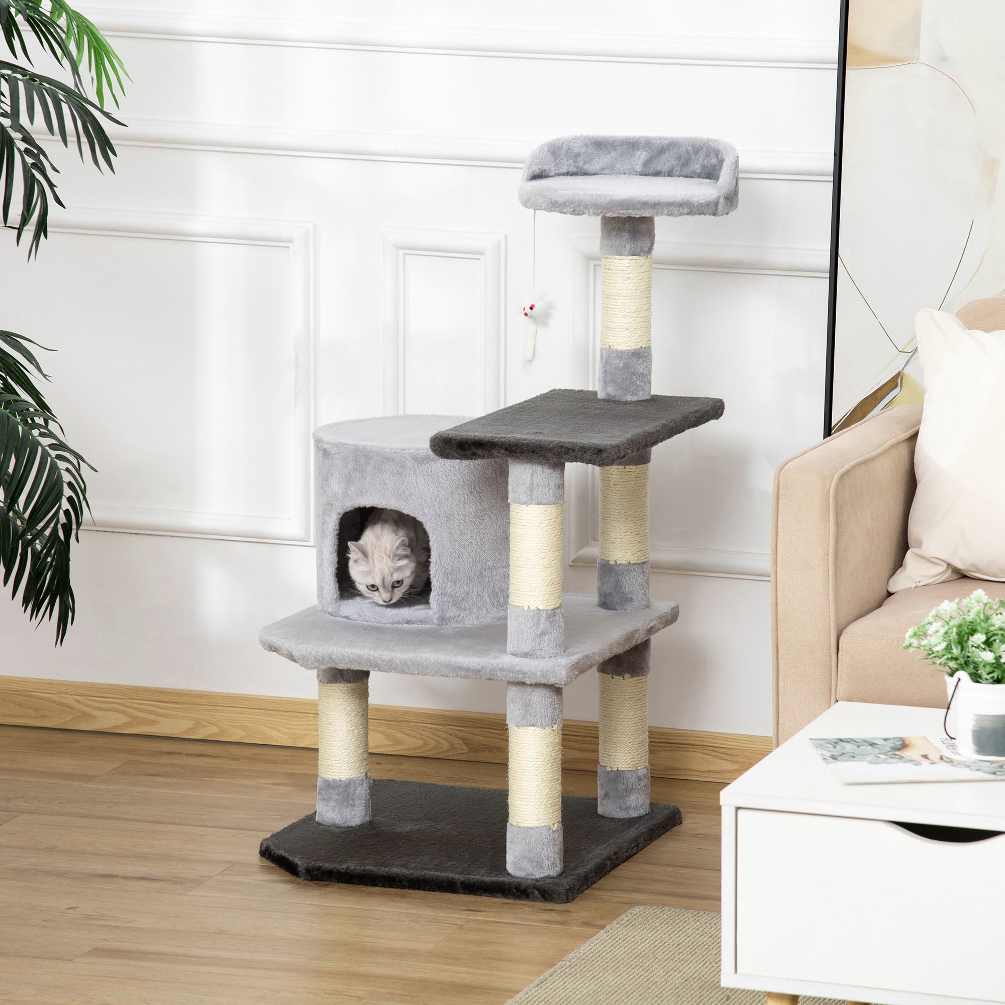 PawHut 39" Cat Scratching Tree Kitten Condo Playhouse Kitty Activity Center Rest Post Top Perch with Hanging Toy Grey