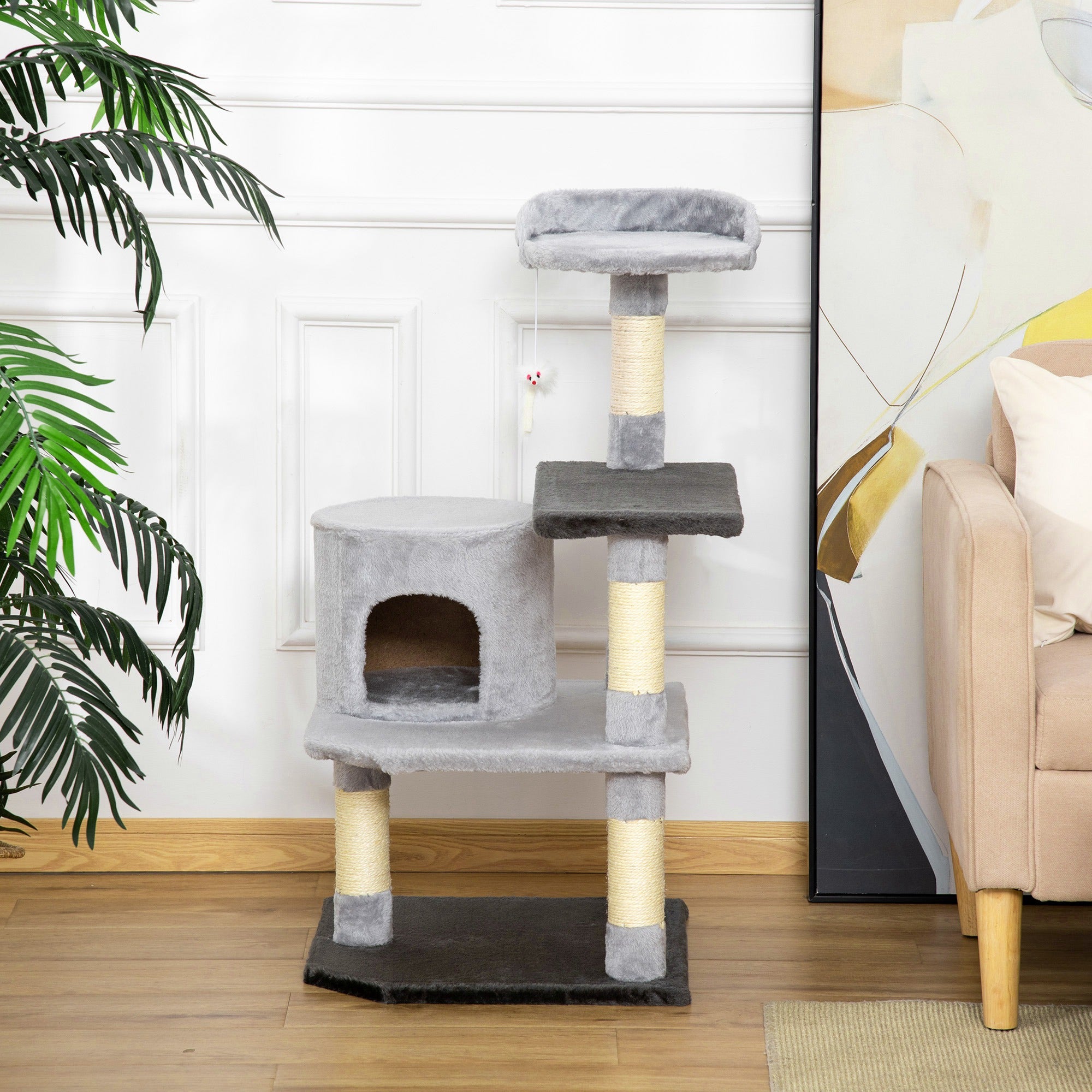 PawHut 39" Cat Scratching Tree Kitten Condo Playhouse Kitty Activity Center Rest Post Top Perch with Hanging Toy Grey