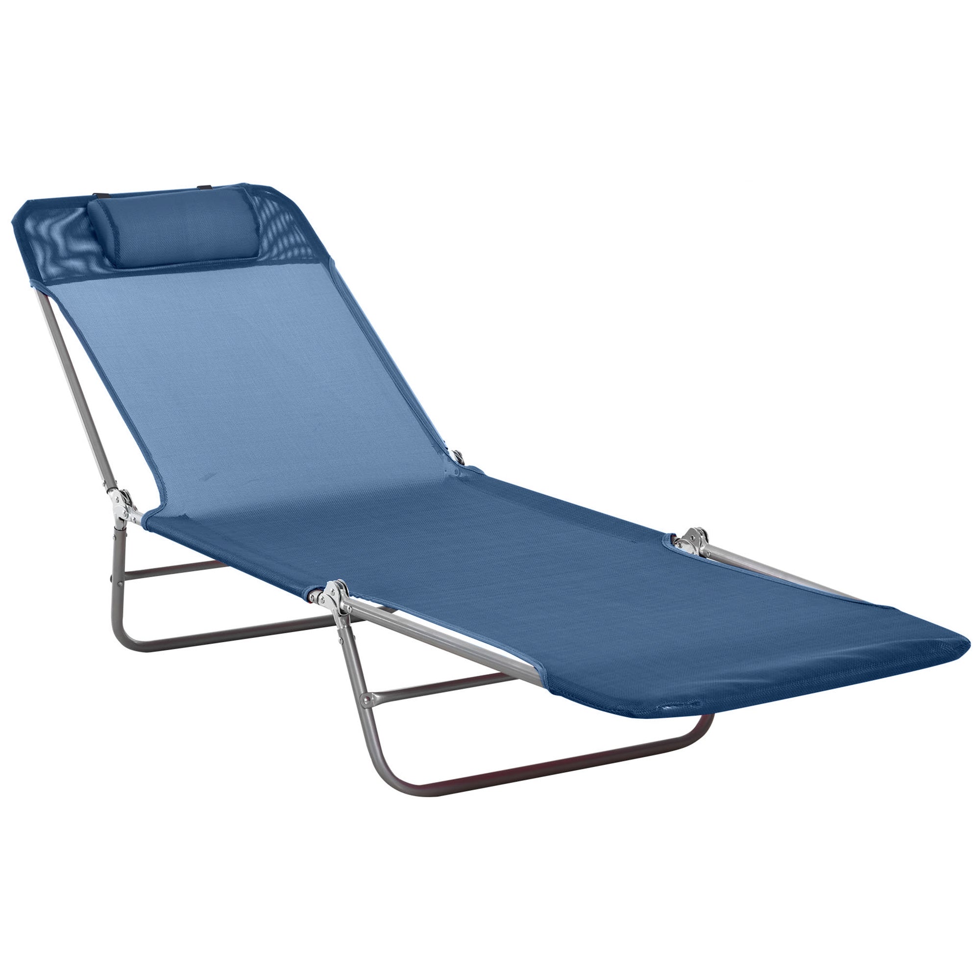 Outsunny Outdoor Lounge Chair, Portable Adjustable Reclining Seat Folding Chaise Lounge Patio Camping Beach Tanning Chair Bed with Pillow, Dark Blue