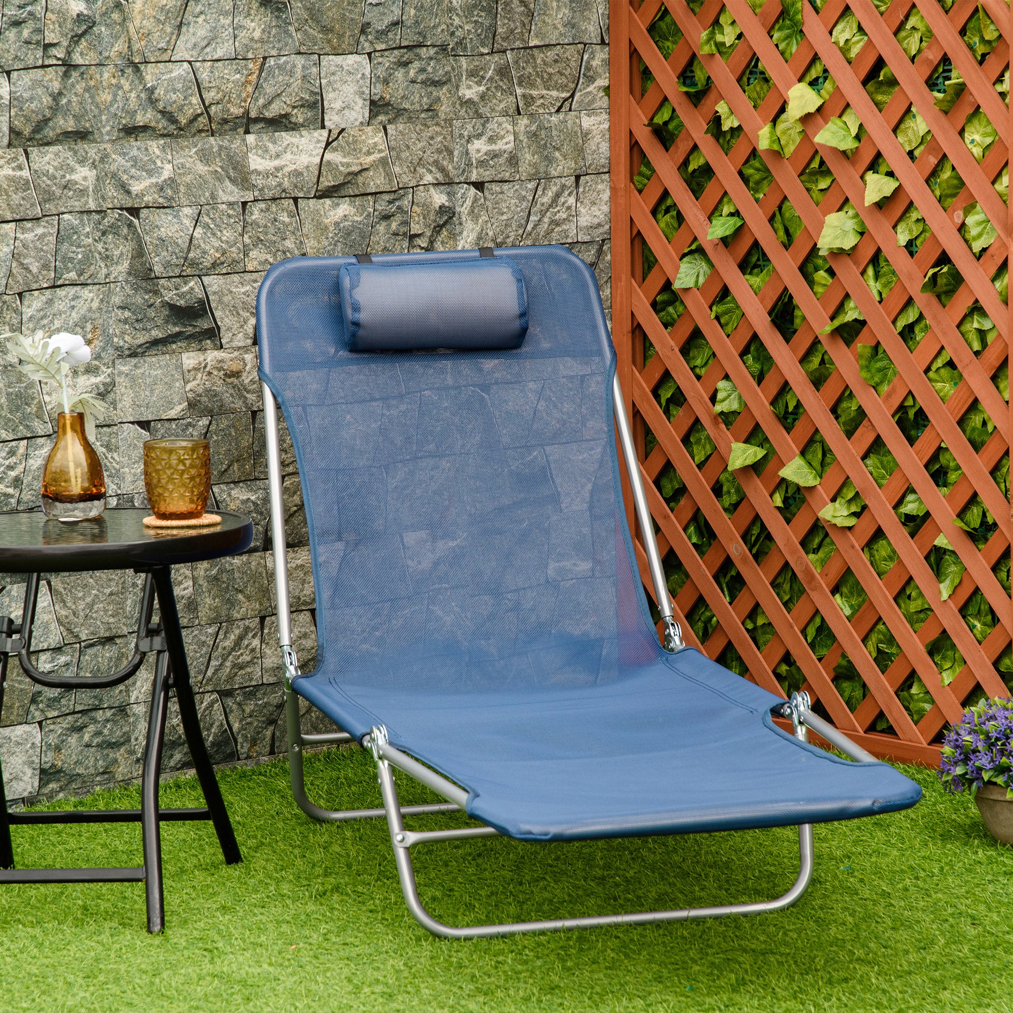 Outsunny Outdoor Lounge Chair, Portable Adjustable Reclining Seat Folding Chaise Lounge Patio Camping Beach Tanning Chair Bed with Pillow, Dark Blue