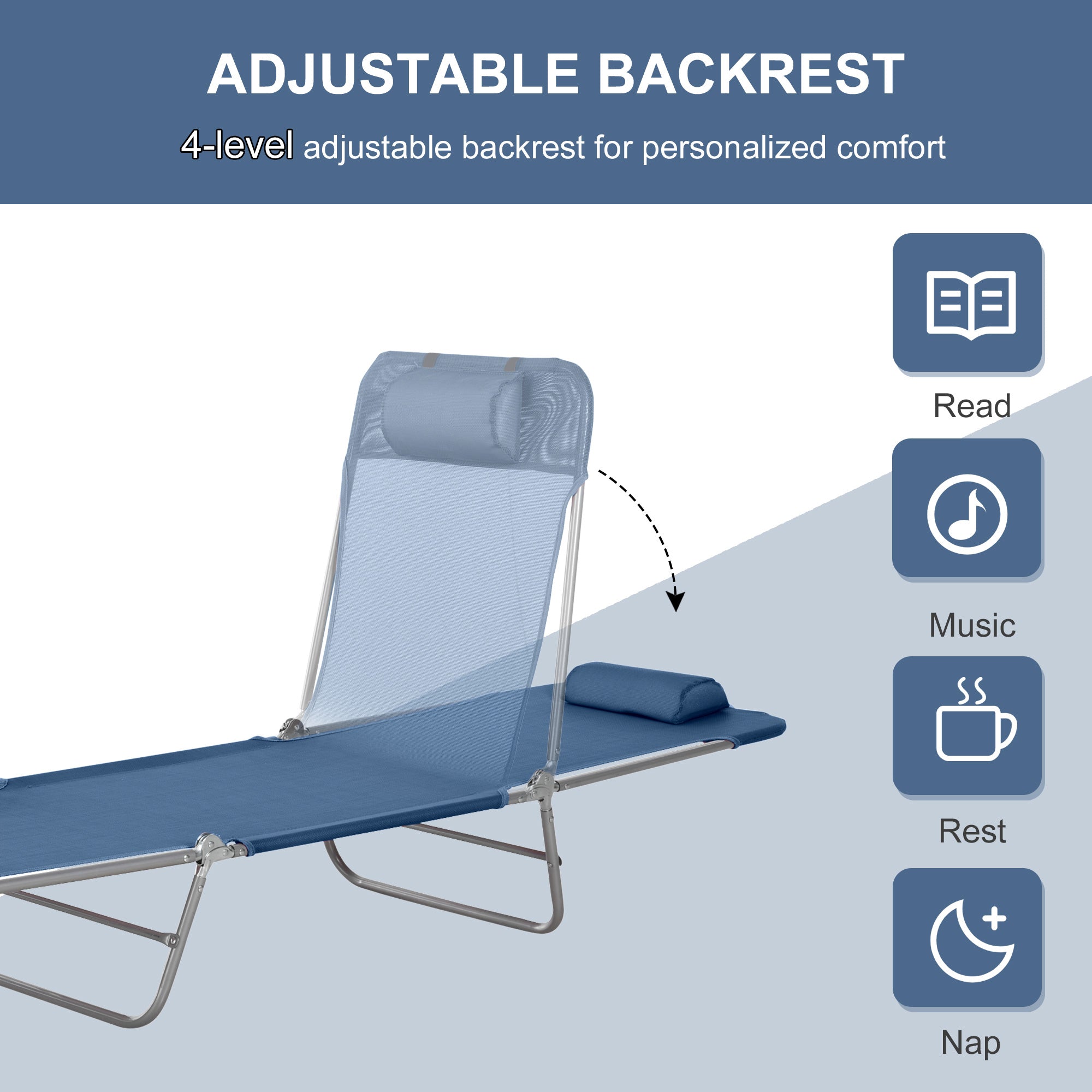 Outsunny Outdoor Lounge Chair, Portable Adjustable Reclining Seat Folding Chaise Lounge Patio Camping Beach Tanning Chair Bed with Pillow, Dark Blue