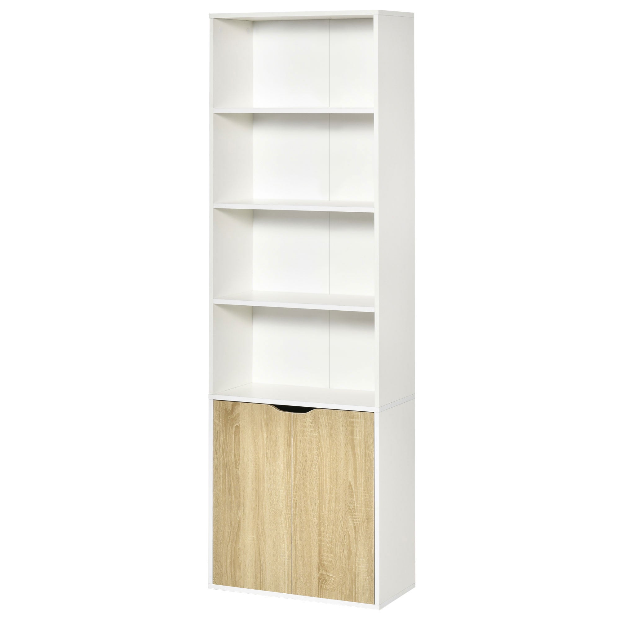 HOMCOM 4-Tier Bookcase, Tall Storage Bookshelf with Double Door Cabinet, Modern Display Shelves for Home Office, Living Room, Bathroom, Study, Oak