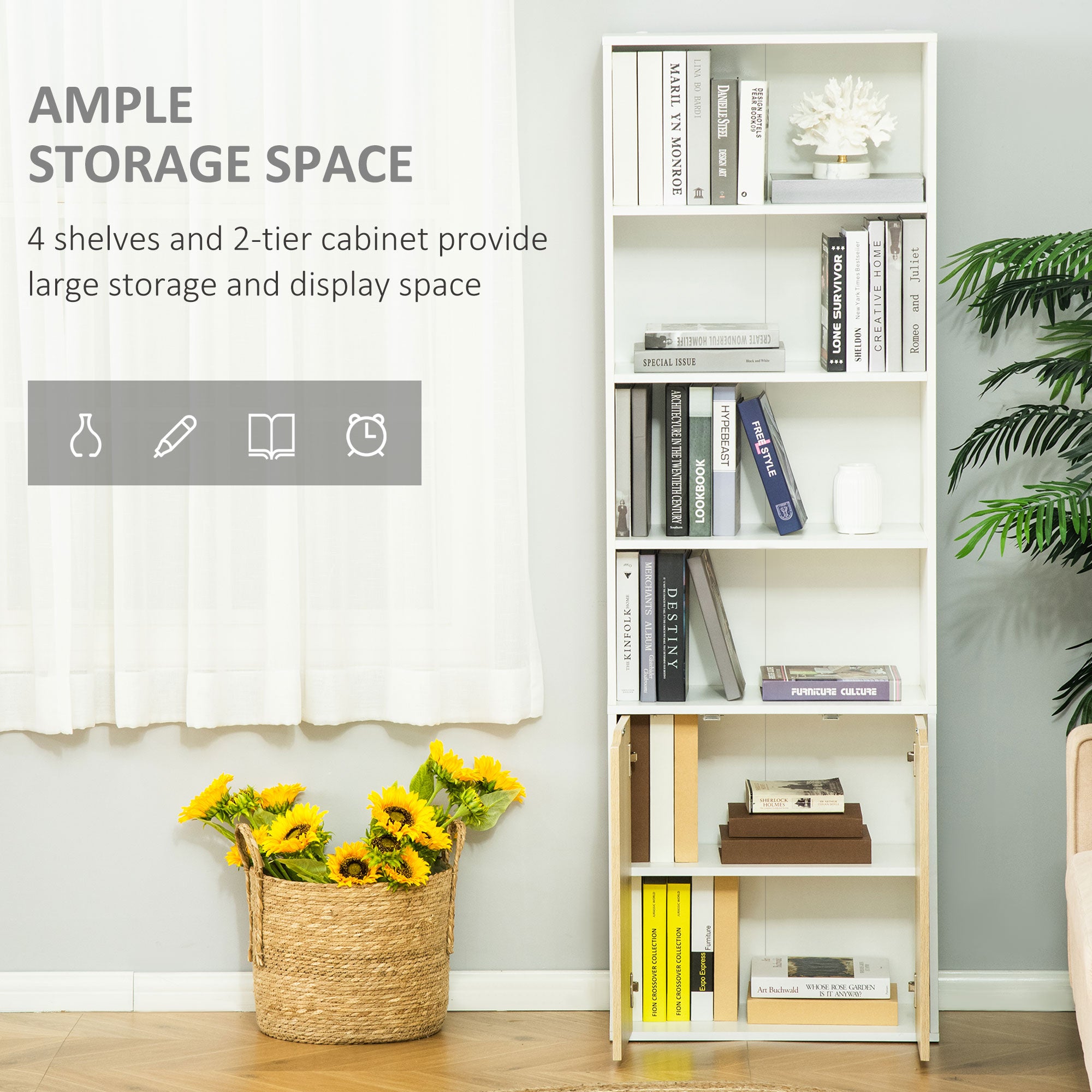 HOMCOM 4-Tier Bookcase, Tall Storage Bookshelf with Double Door Cabinet, Modern Display Shelves for Home Office, Living Room, Bathroom, Study, Oak