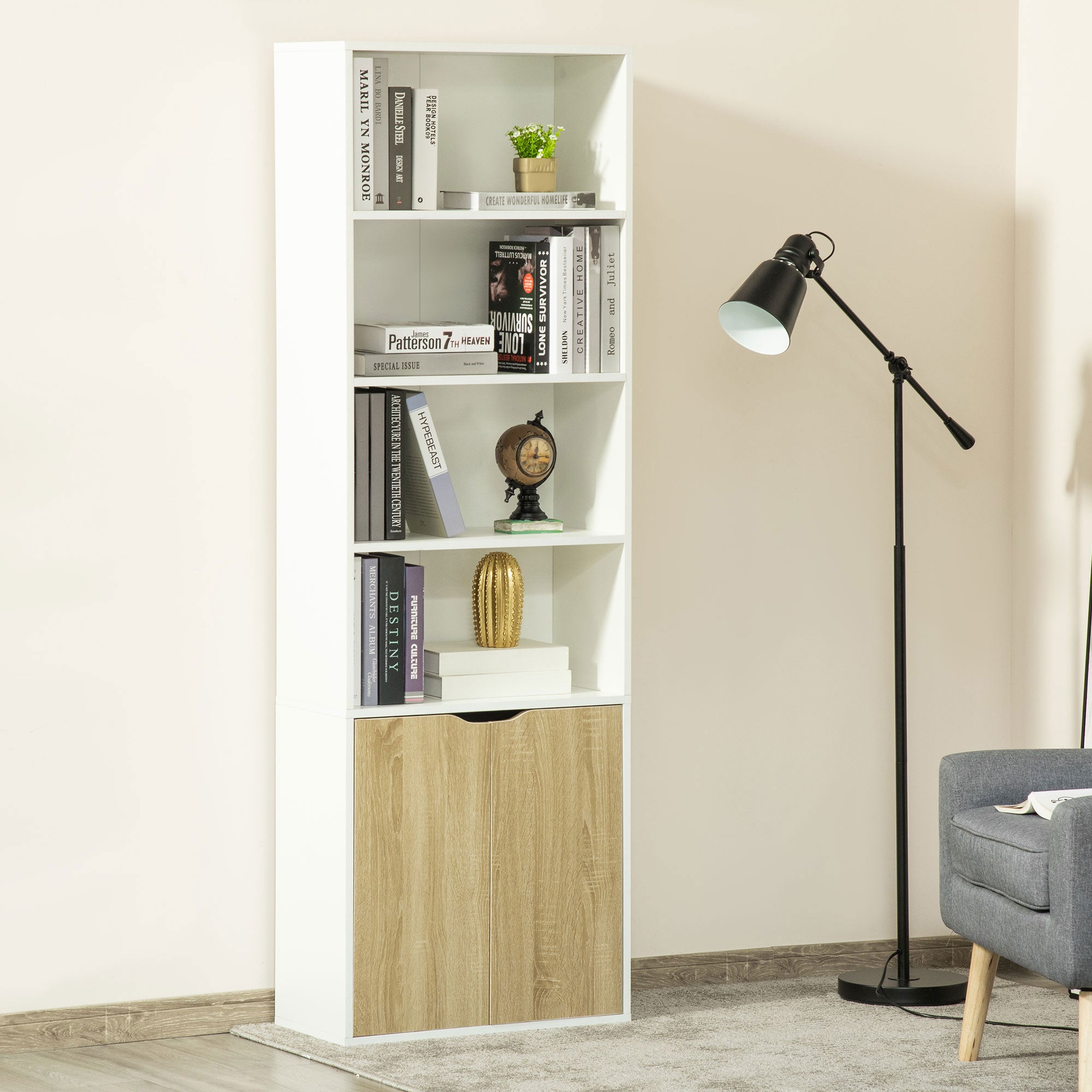 HOMCOM 4-Tier Bookcase, Tall Storage Bookshelf with Double Door Cabinet, Modern Display Shelves for Home Office, Living Room, Bathroom, Study, Oak