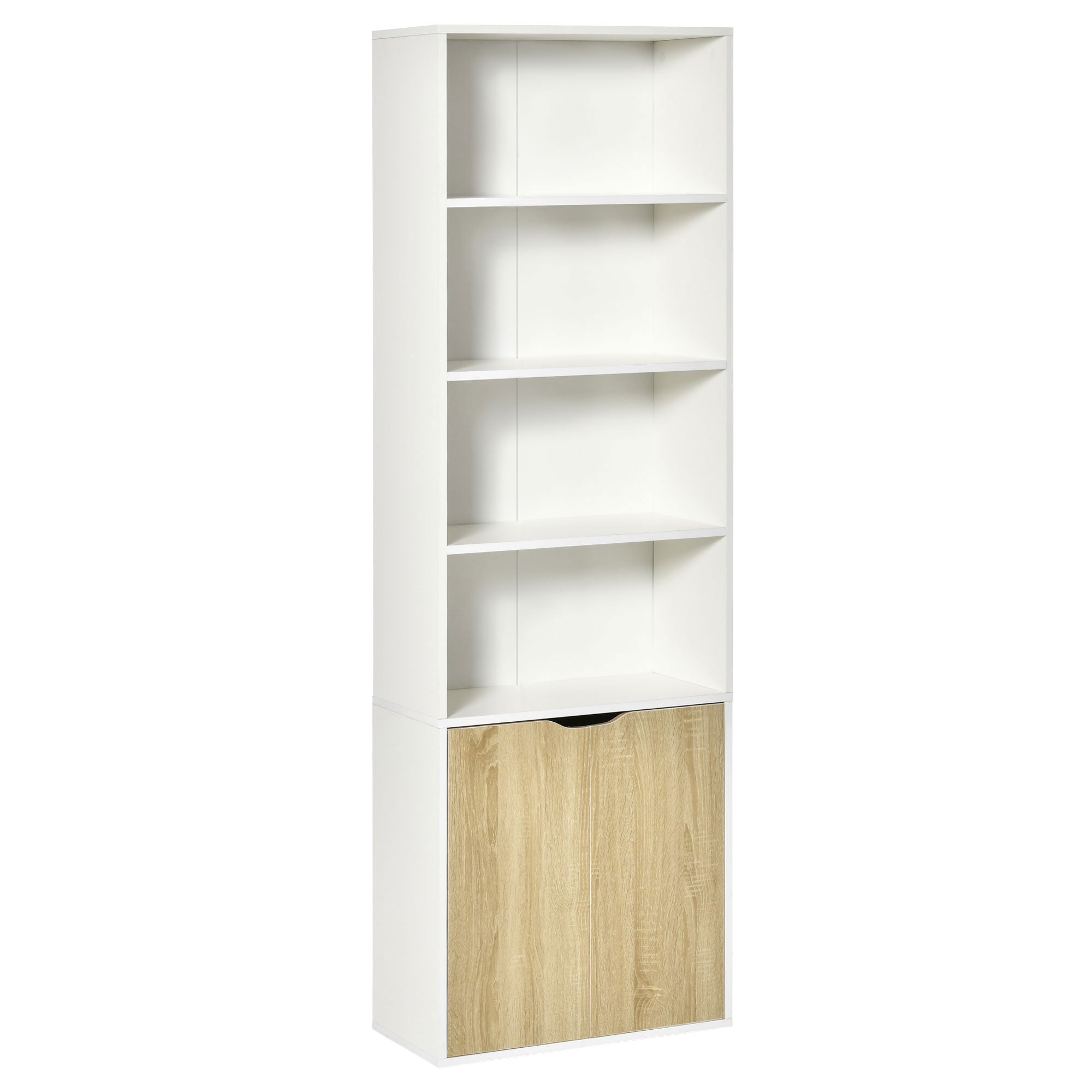 HOMCOM 4-Tier Bookcase, Tall Storage Bookshelf with Double Door Cabinet, Modern Display Shelves for Home Office, Living Room, Bathroom, Study, Oak