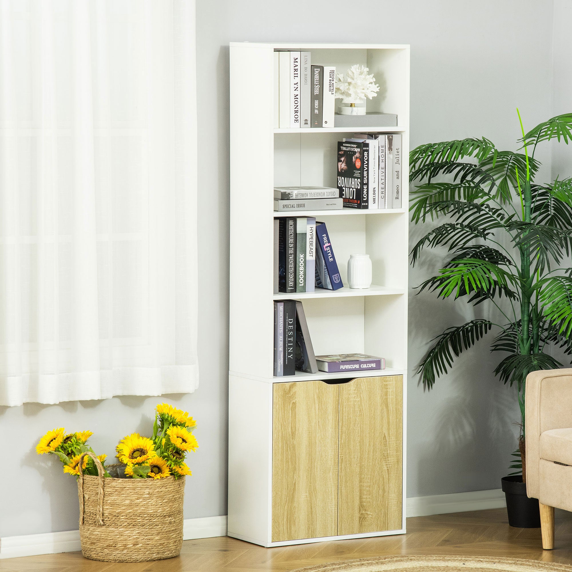 HOMCOM 4-Tier Bookcase, Tall Storage Bookshelf with Double Door Cabinet, Modern Display Shelves for Home Office, Living Room, Bathroom, Study, Oak