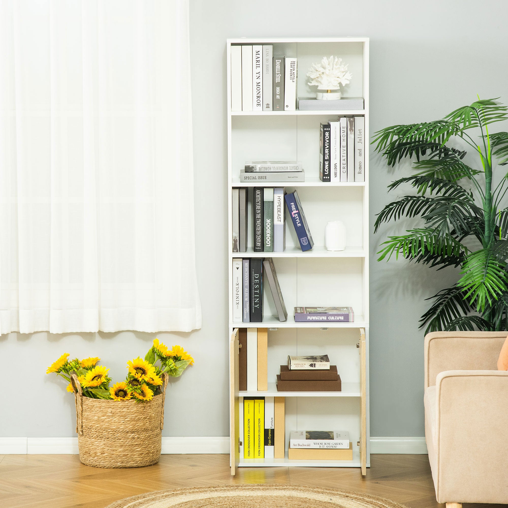 HOMCOM 4-Tier Bookcase, Tall Storage Bookshelf with Double Door Cabinet, Modern Display Shelves for Home Office, Living Room, Bathroom, Study, Oak