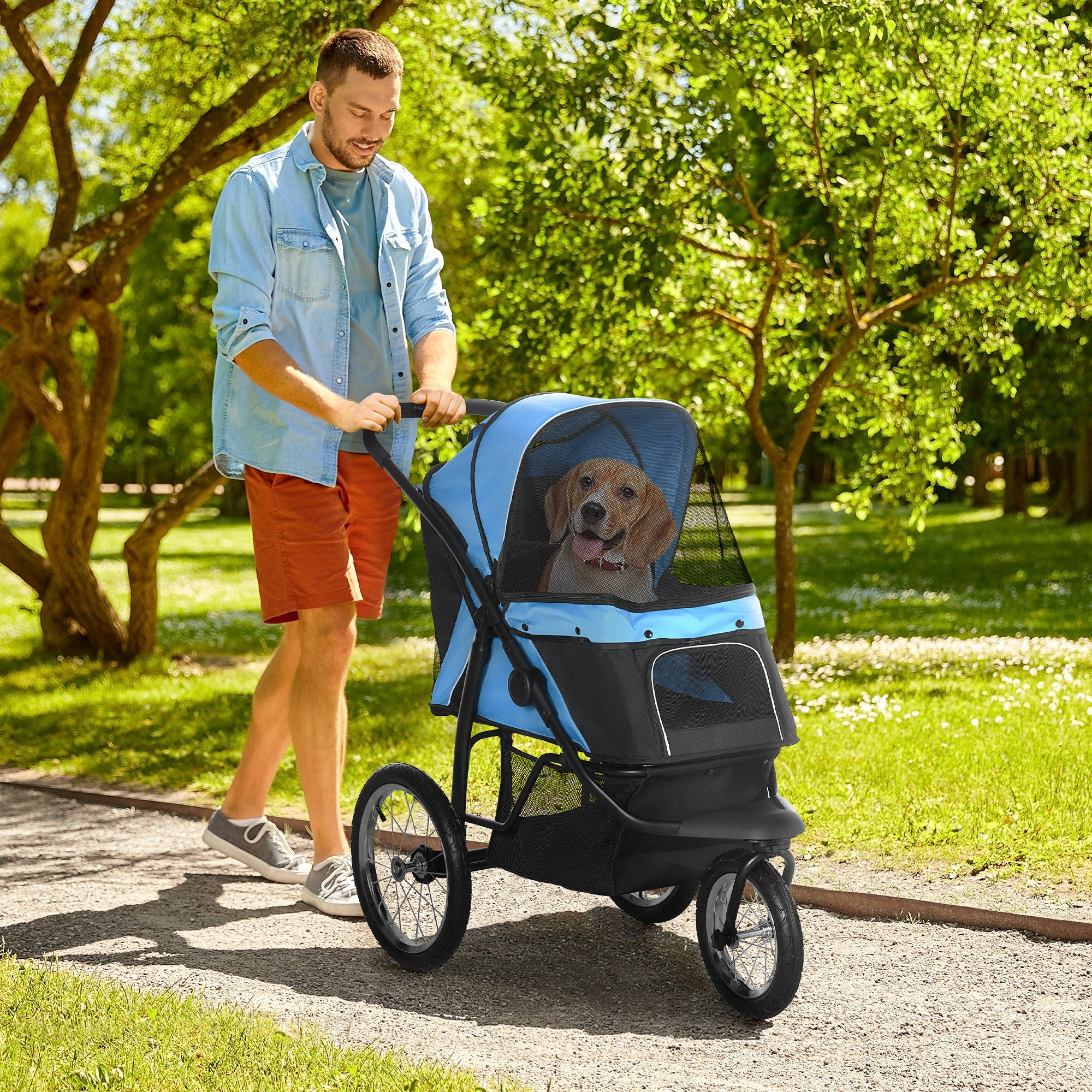 PawHut Pet Stroller for Small and Medium Dogs, 3 Big Wheels Cat Stroller Travel Folding Carrier with Adjustable Canopy, Safety Tether, Storage Basket, Blue