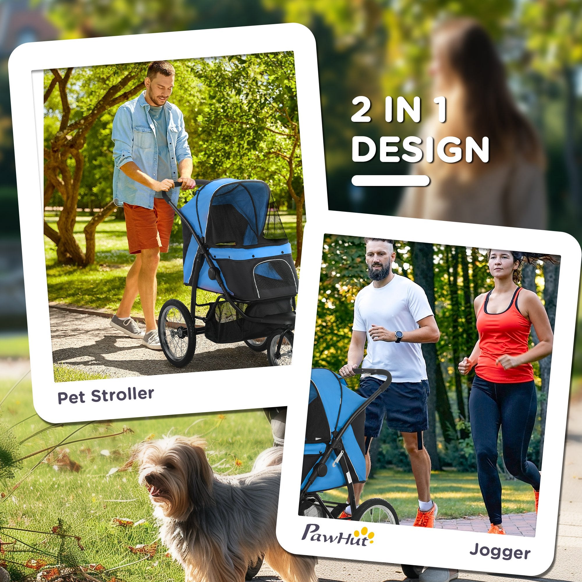 PawHut Pet Stroller for Small and Medium Dogs, 3 Big Wheels Cat Stroller Travel Folding Carrier with Adjustable Canopy, Safety Tether, Storage Basket, Blue