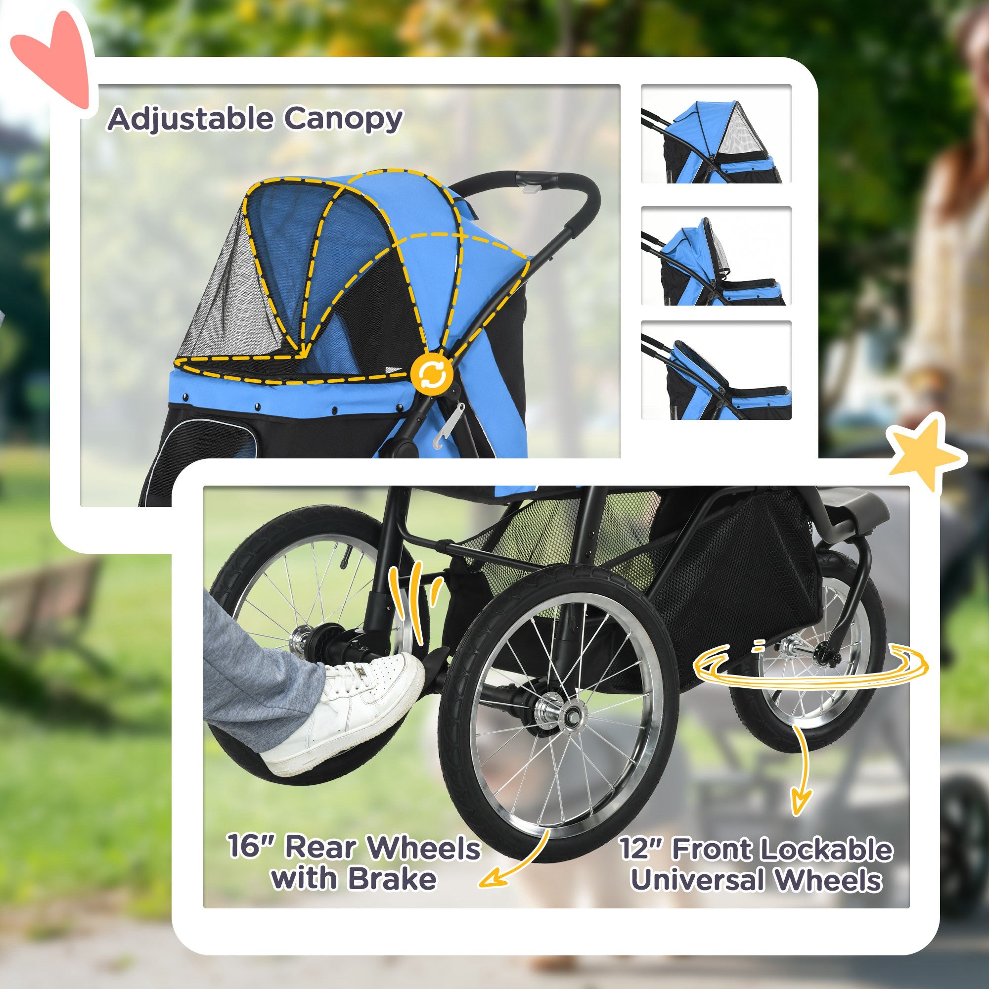 PawHut Pet Stroller for Small and Medium Dogs, 3 Big Wheels Cat Stroller Travel Folding Carrier with Adjustable Canopy, Safety Tether, Storage Basket, Blue