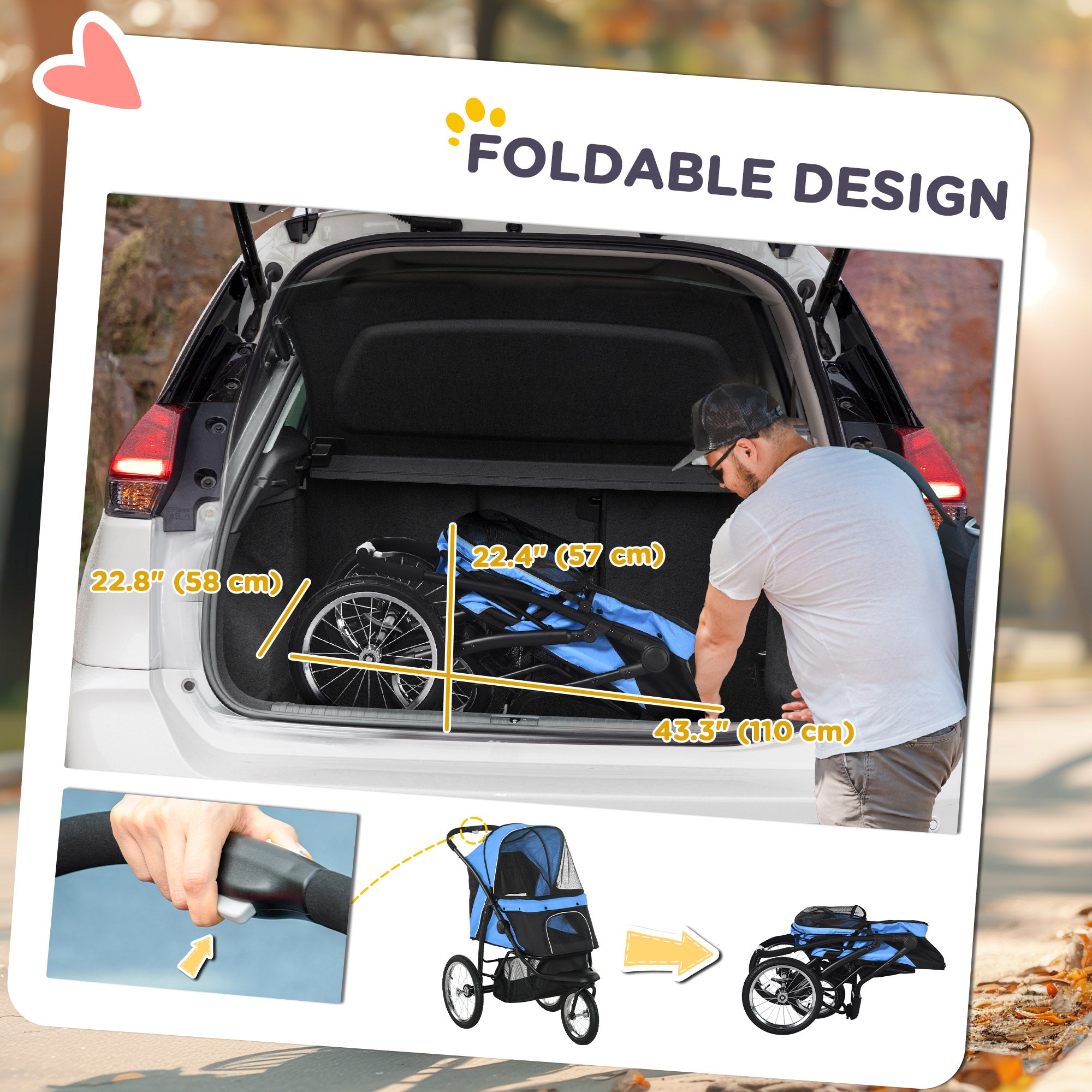 PawHut Pet Stroller for Small and Medium Dogs, 3 Big Wheels Cat Stroller Travel Folding Carrier with Adjustable Canopy, Safety Tether, Storage Basket, Blue
