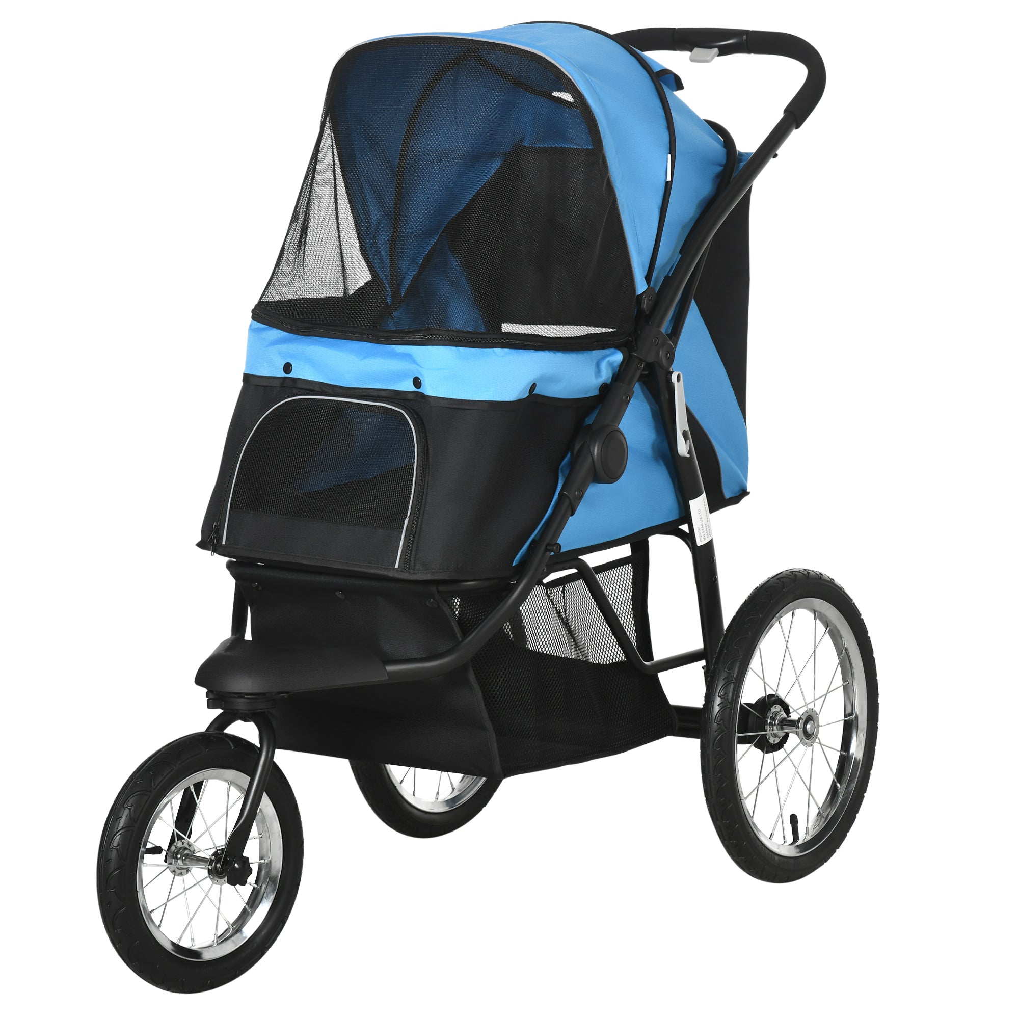 PawHut Pet Stroller for Small and Medium Dogs, 3 Big Wheels Cat Stroller Travel Folding Carrier with Adjustable Canopy, Safety Tether, Storage Basket, Blue