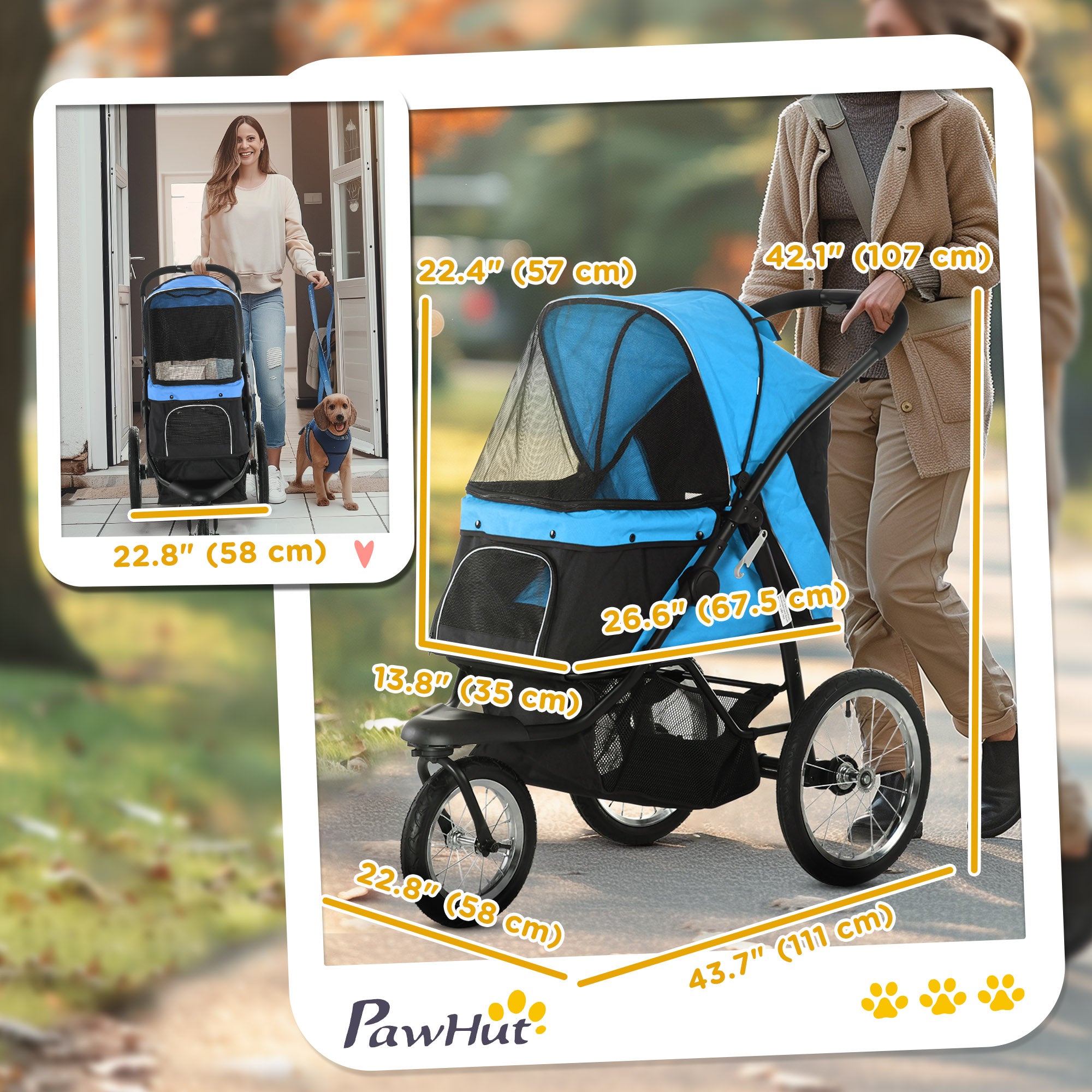 PawHut Pet Stroller for Small and Medium Dogs, 3 Big Wheels Cat Stroller Travel Folding Carrier with Adjustable Canopy, Safety Tether, Storage Basket, Blue