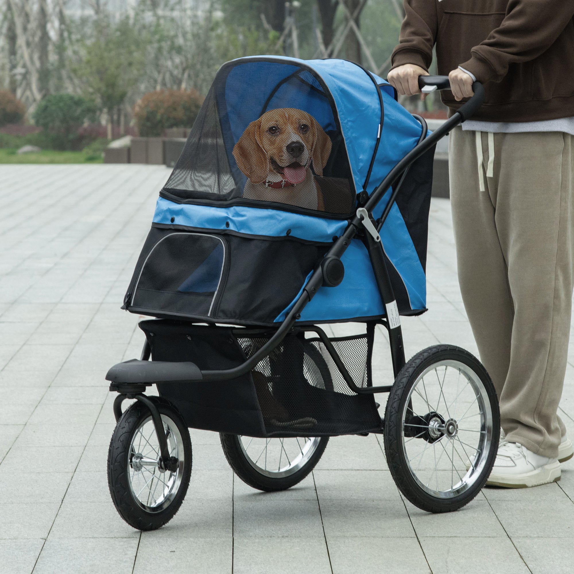 PawHut Pet Stroller for Small and Medium Dogs, 3 Big Wheels Cat Stroller Travel Folding Carrier with Adjustable Canopy, Safety Tether, Storage Basket, Blue