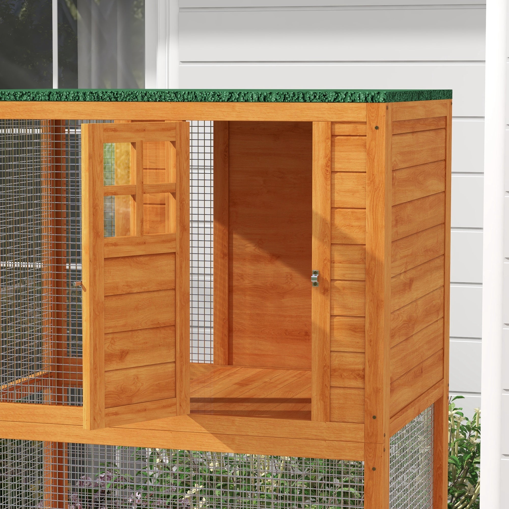 PawHut 74" Wooden Outdoor Cat House Weatherproof & Wheeled, Catio Outdoor Cat Enclosure with High Weight Capacity, Kitten Cage Condo, Orange