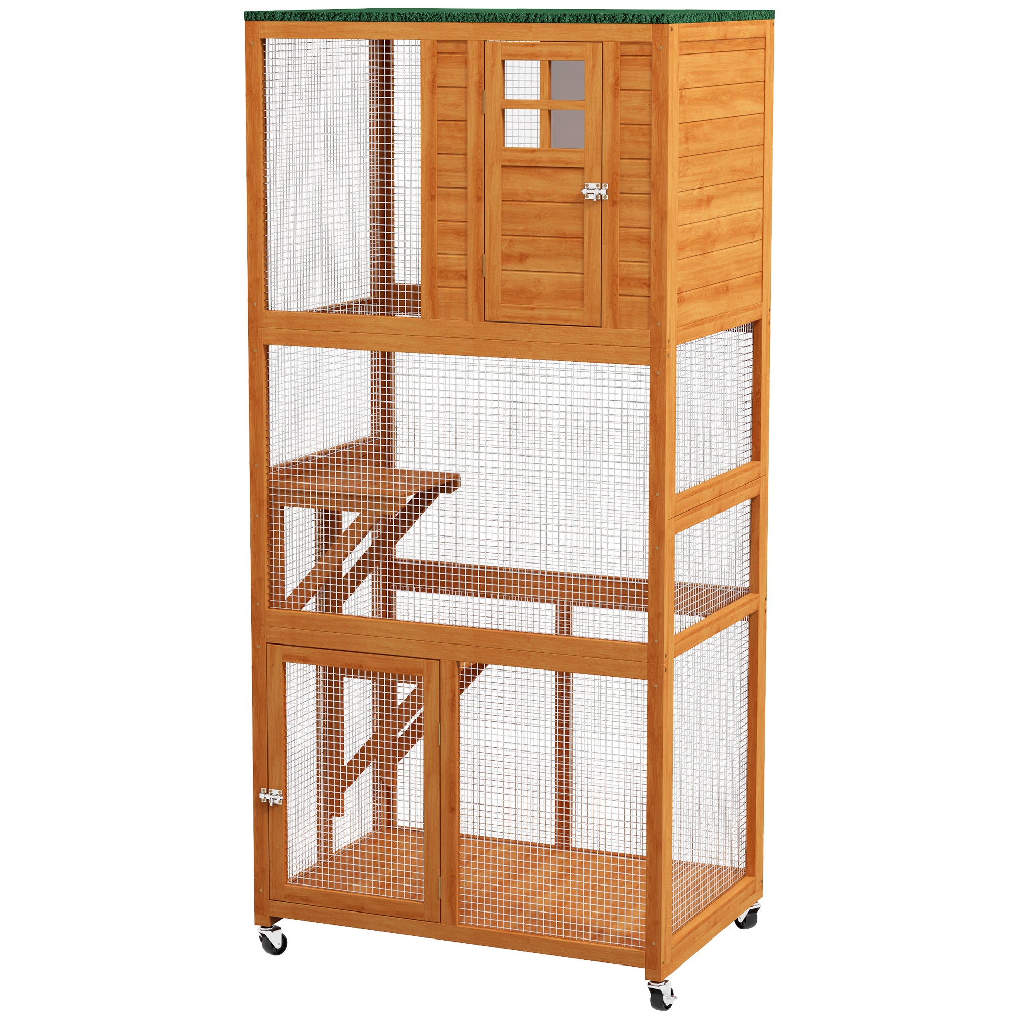 PawHut 74" Wooden Outdoor Cat House Weatherproof & Wheeled, Catio Outdoor Cat Enclosure with High Weight Capacity, Kitten Cage Condo, Orange