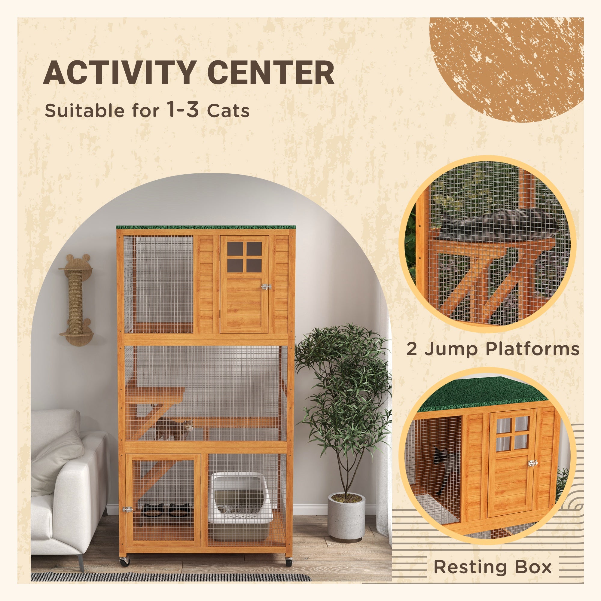 PawHut 74" Wooden Outdoor Cat House Weatherproof & Wheeled, Catio Outdoor Cat Enclosure with High Weight Capacity, Kitten Cage Condo, Orange