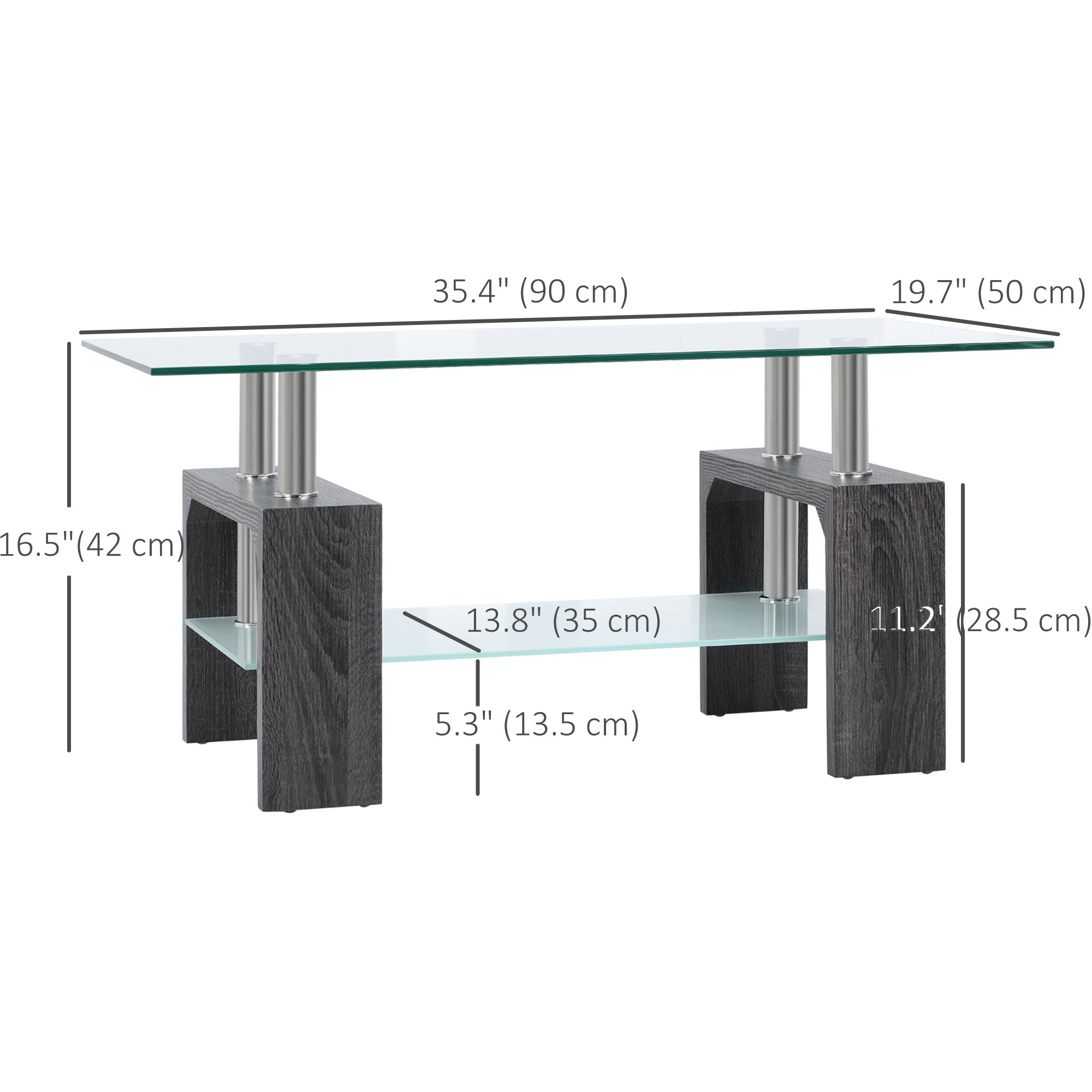 HOMCOM Rectangle Glass Coffee Table, 2-Tier Center Table with Tempered Glass Top and Storage Shelf for Living Room, Grey