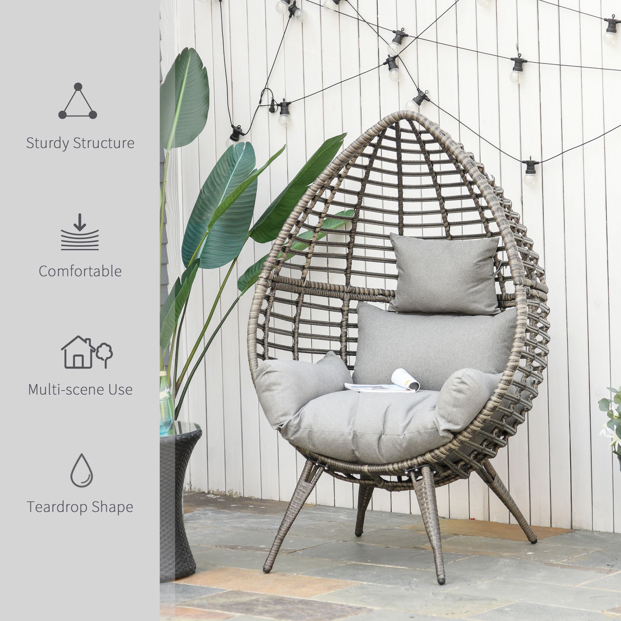 Outsunny Standing Rattan Chair with Trapezoidal Cushion, 352lbs Capacity Egg Chair, Outdoor/Indoor Wicker Lounge Chair for Backyard Garden Balcony Lawn Living Room, Light Grey